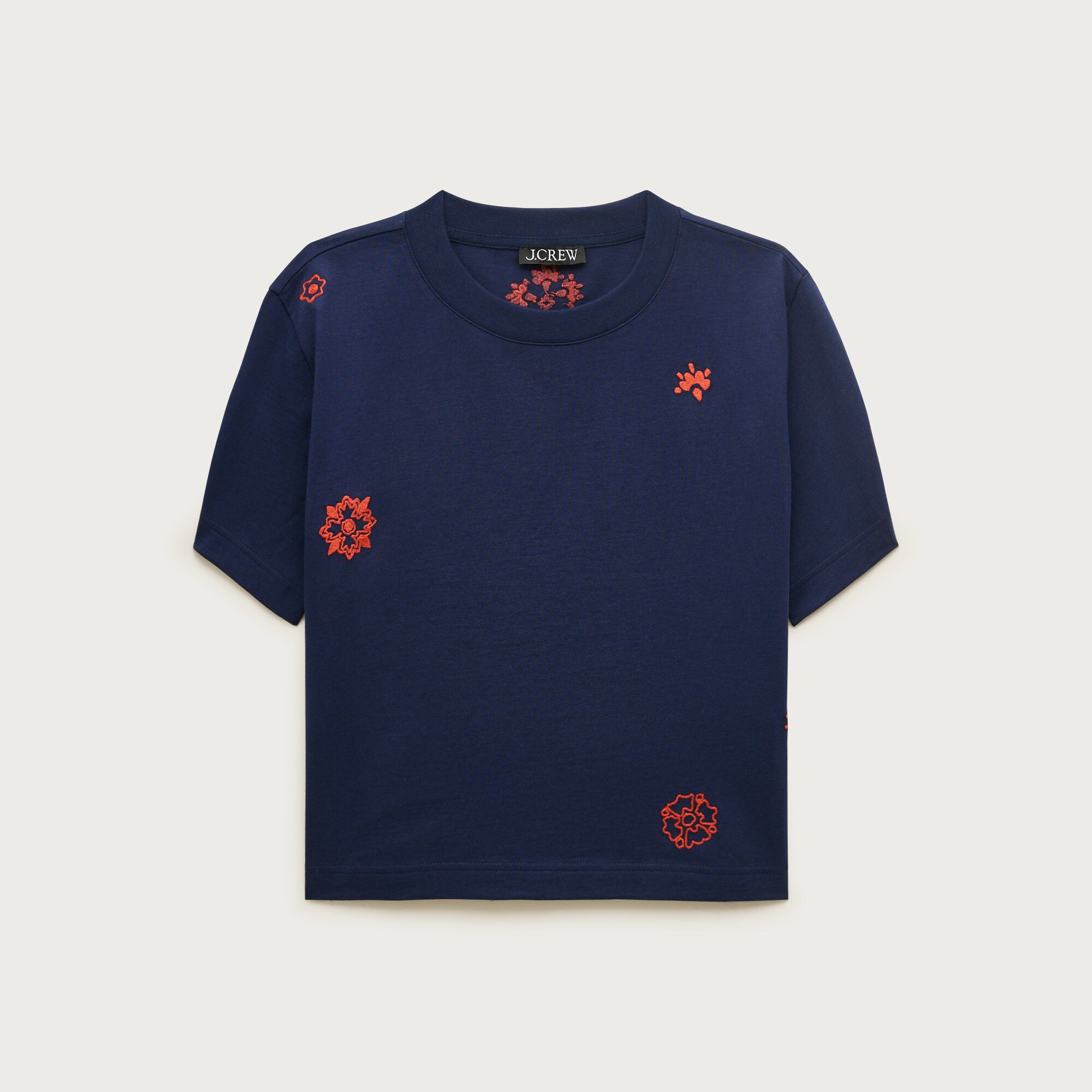 Boyfriend Jersey Relaxed Cropped T-shirt With Floral Chain Stitch