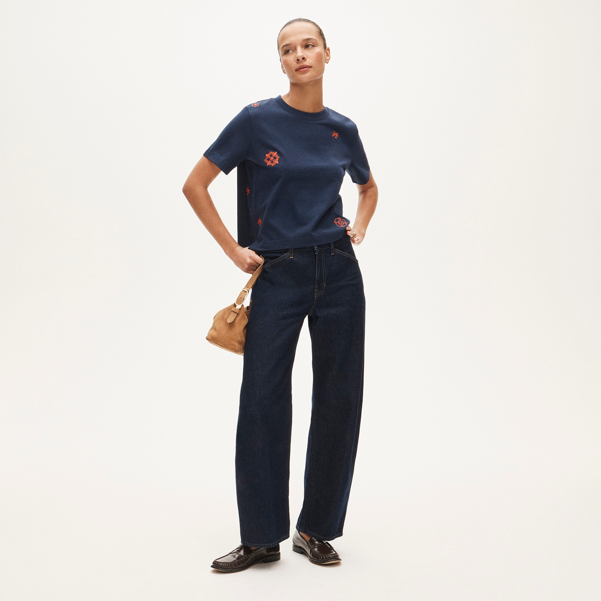 Boyfriend jersey relaxed cropped T-shirt with floral chain stitch