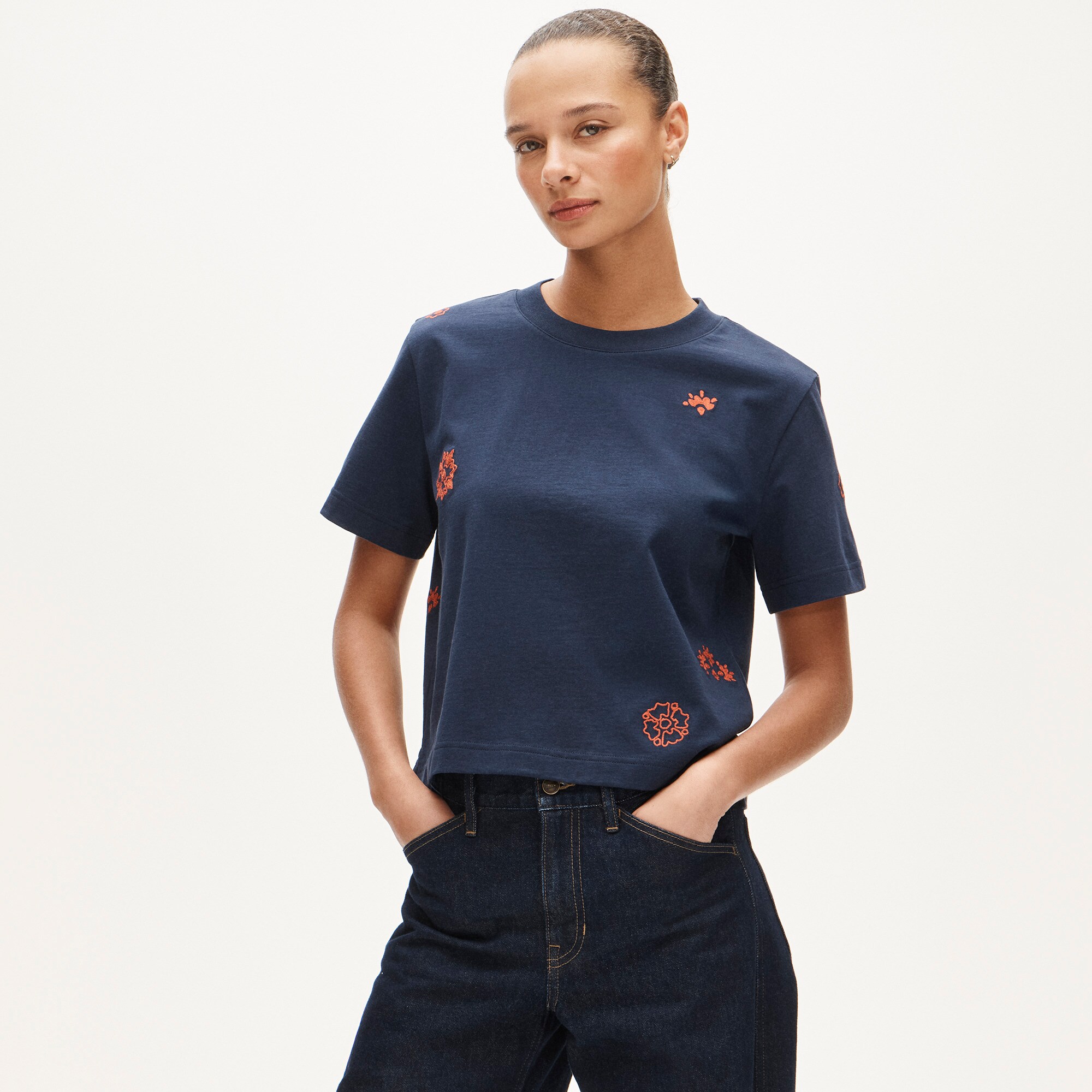 Boyfriend jersey relaxed cropped T-shirt with floral chain stitch