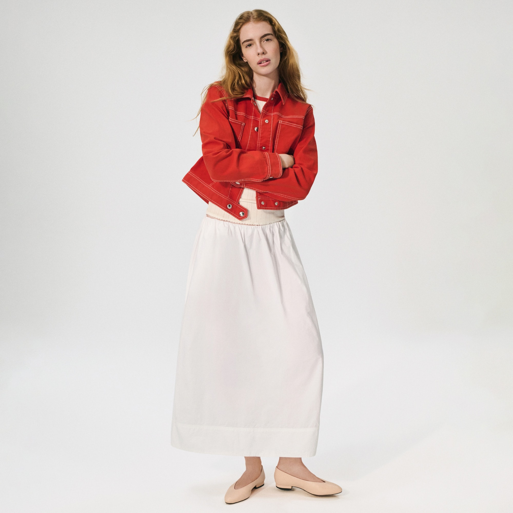 womens Pull-on midi skirt in cotton poplin