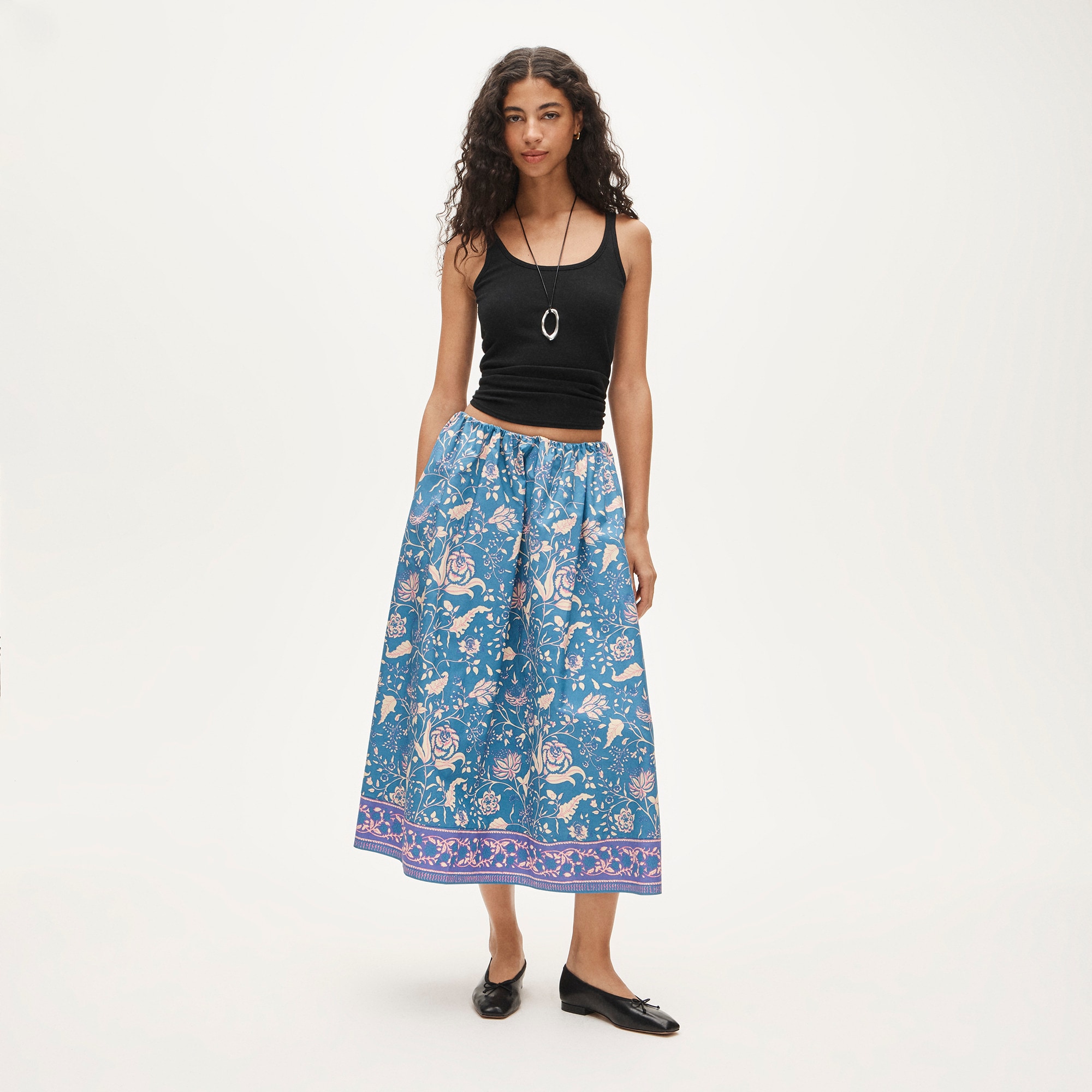 womens Pull-on midi skirt in cotton poplin block print