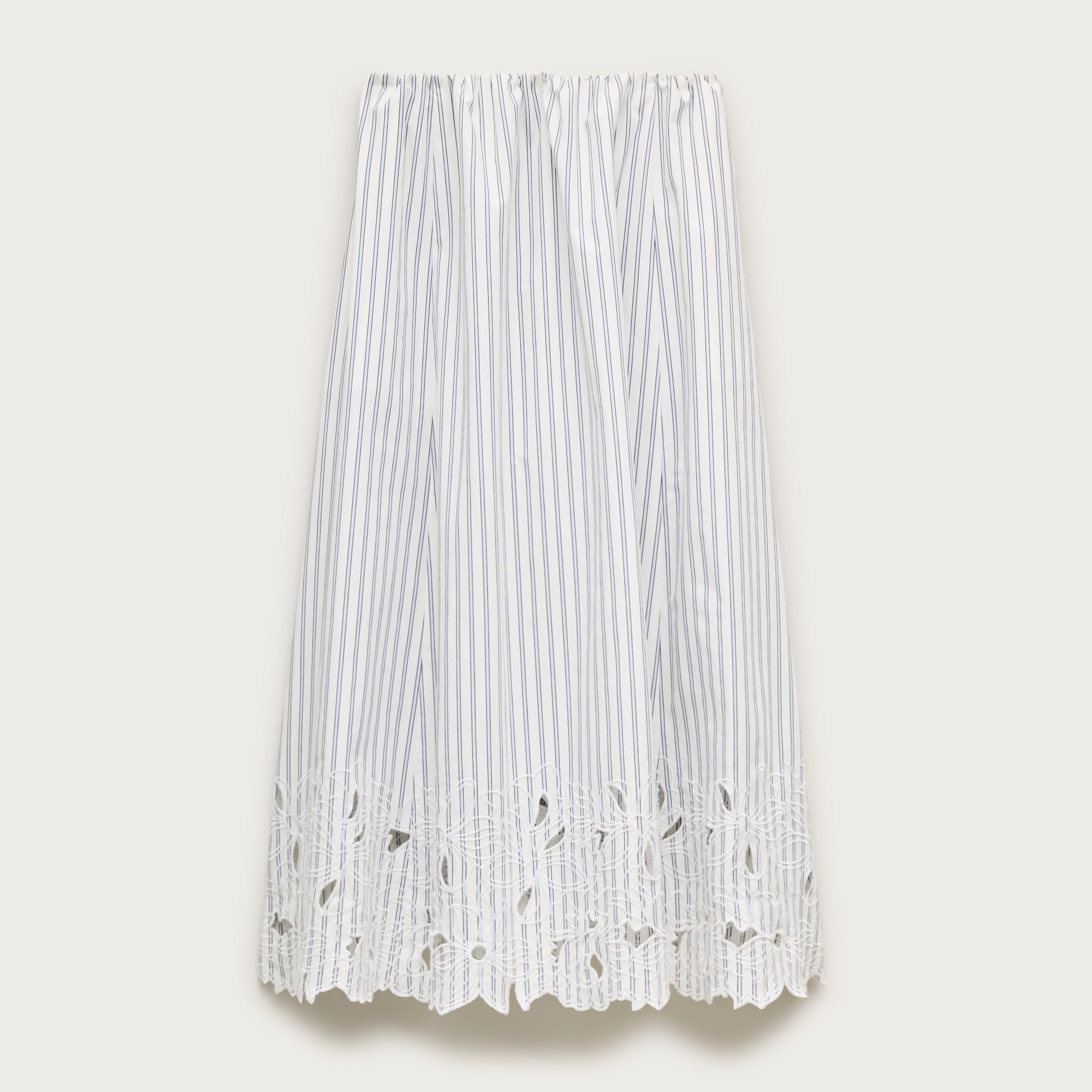 Embroidered pull-on midi skirt in striped cotton poplin