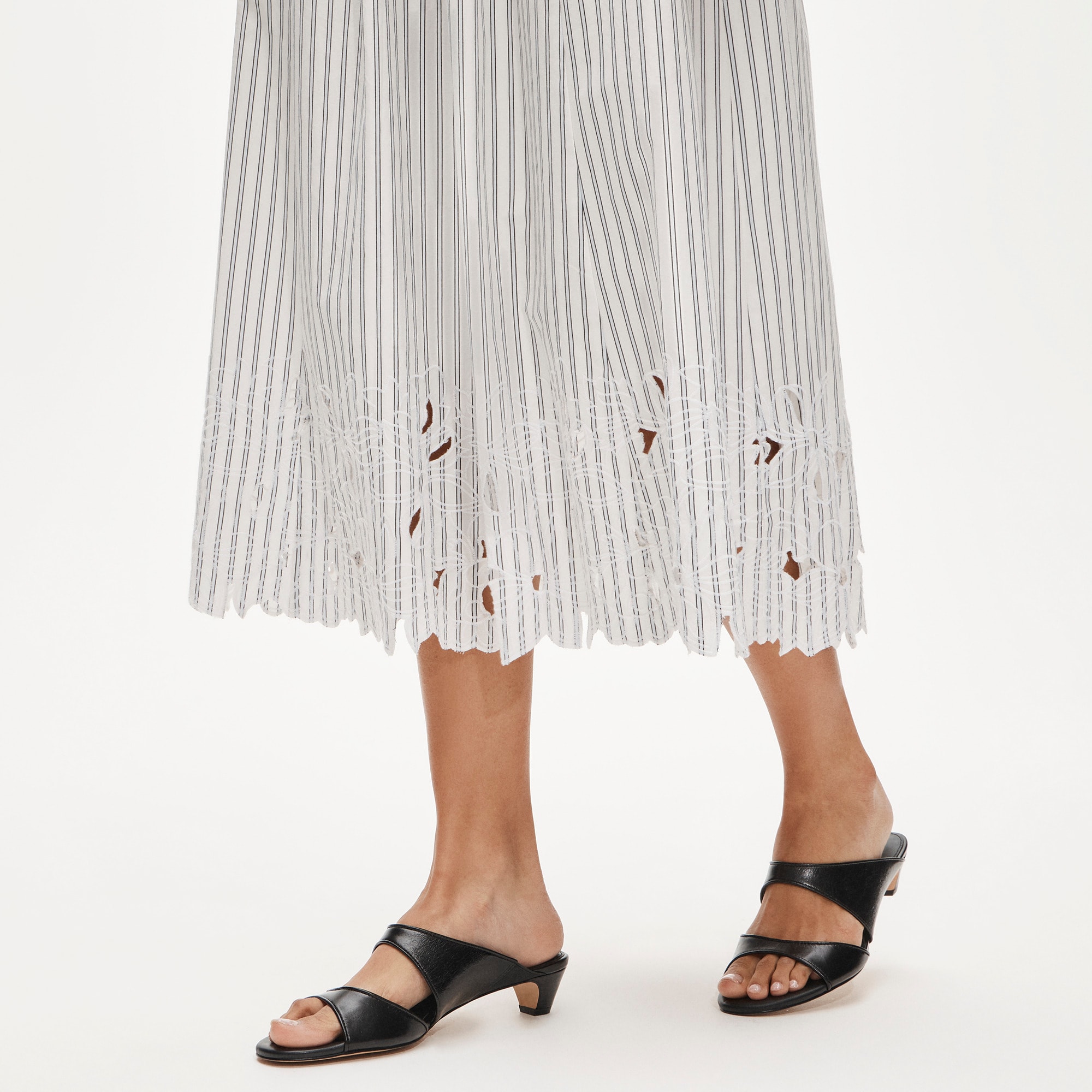 Embroidered pull-on midi skirt in striped cotton poplin