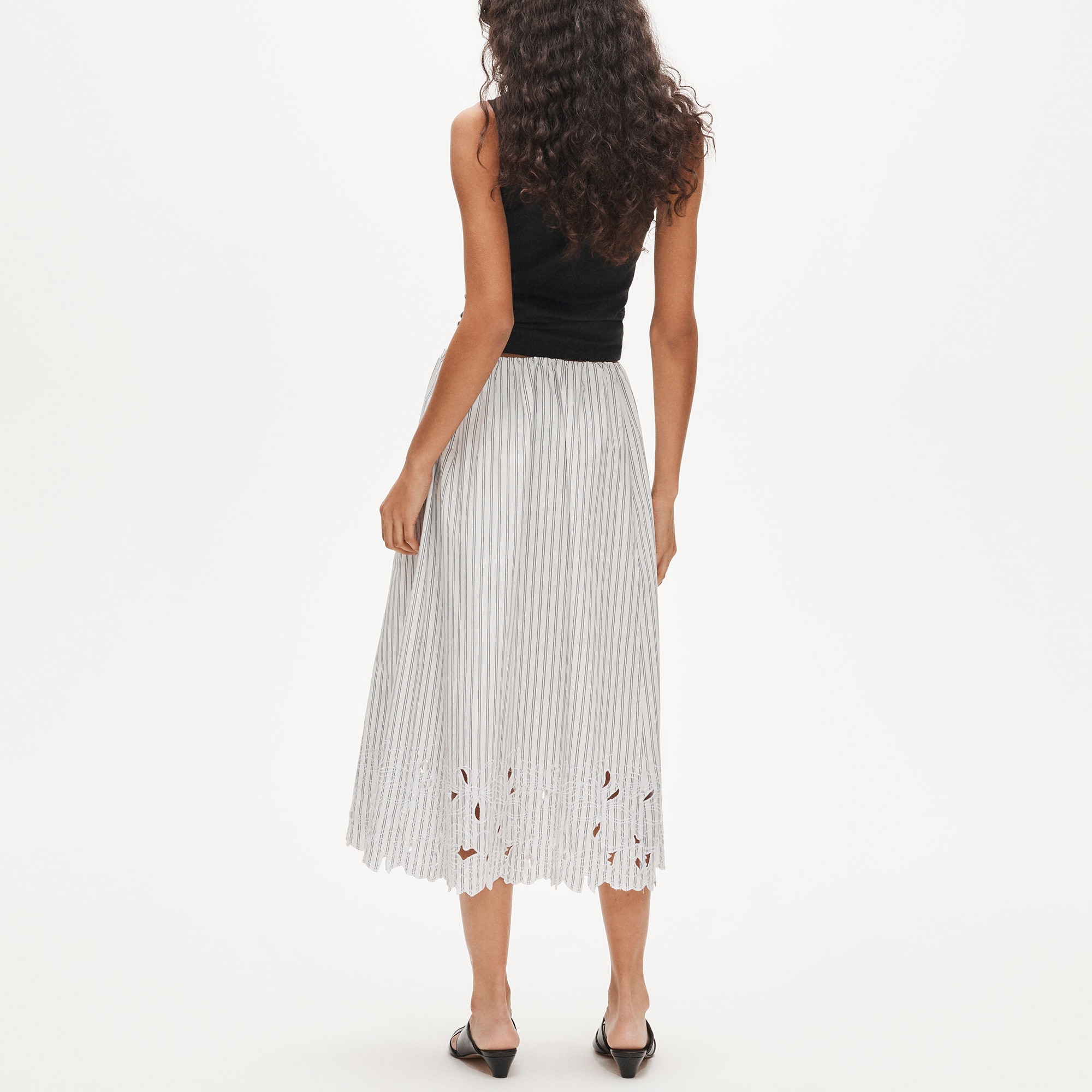Embroidered pull-on midi skirt in striped cotton poplin