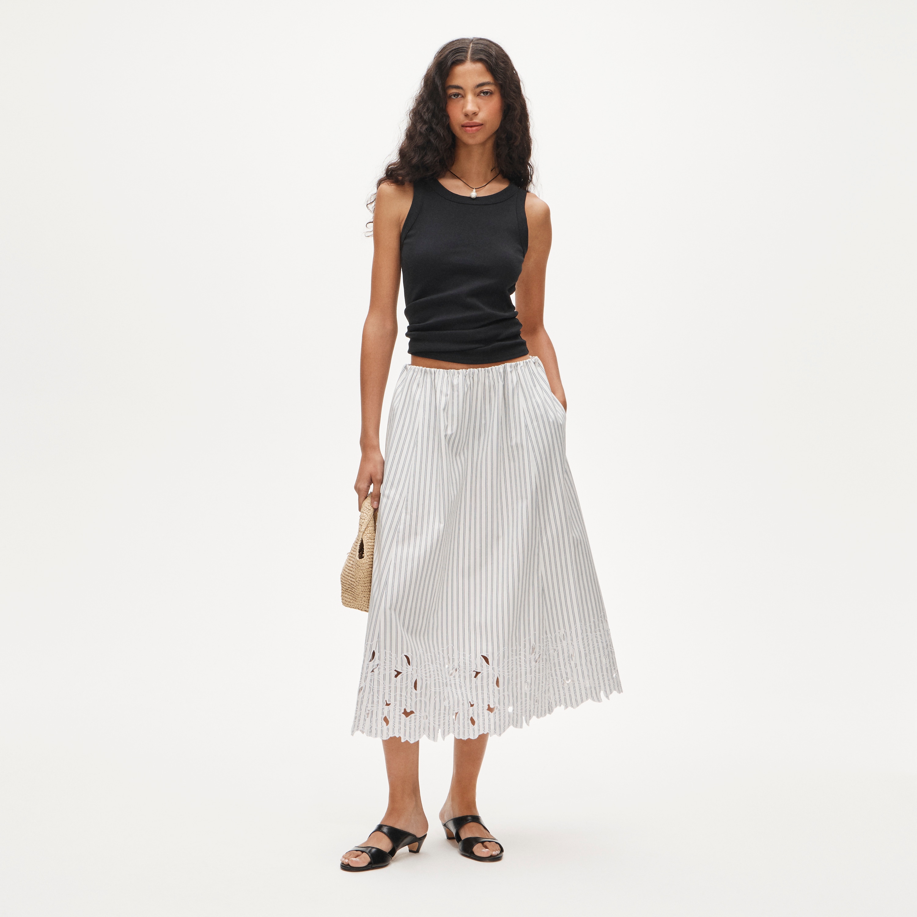 Embroidered pull-on midi skirt in striped cotton poplin