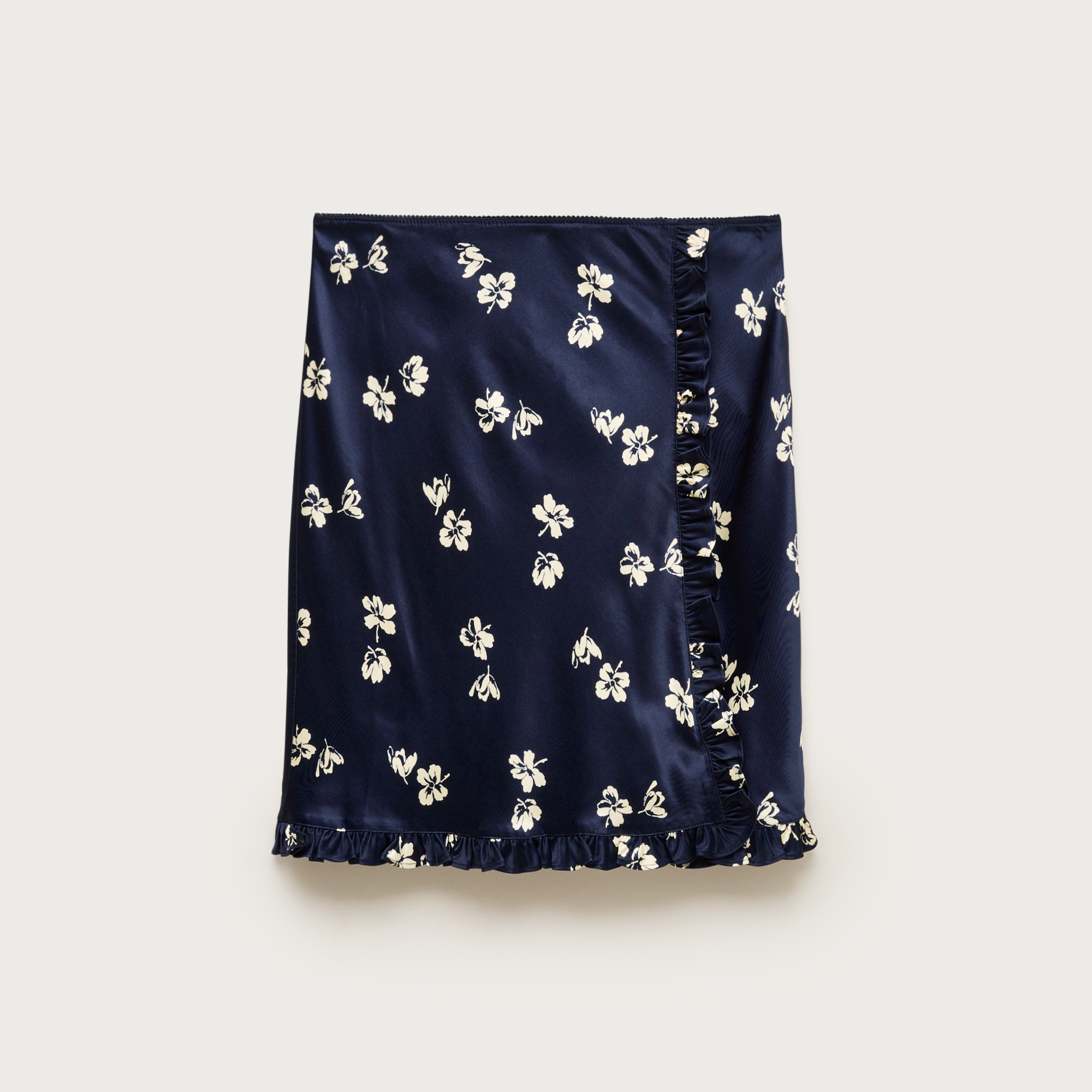  Side-ruffle slip skirt in viscose charmeuse floral