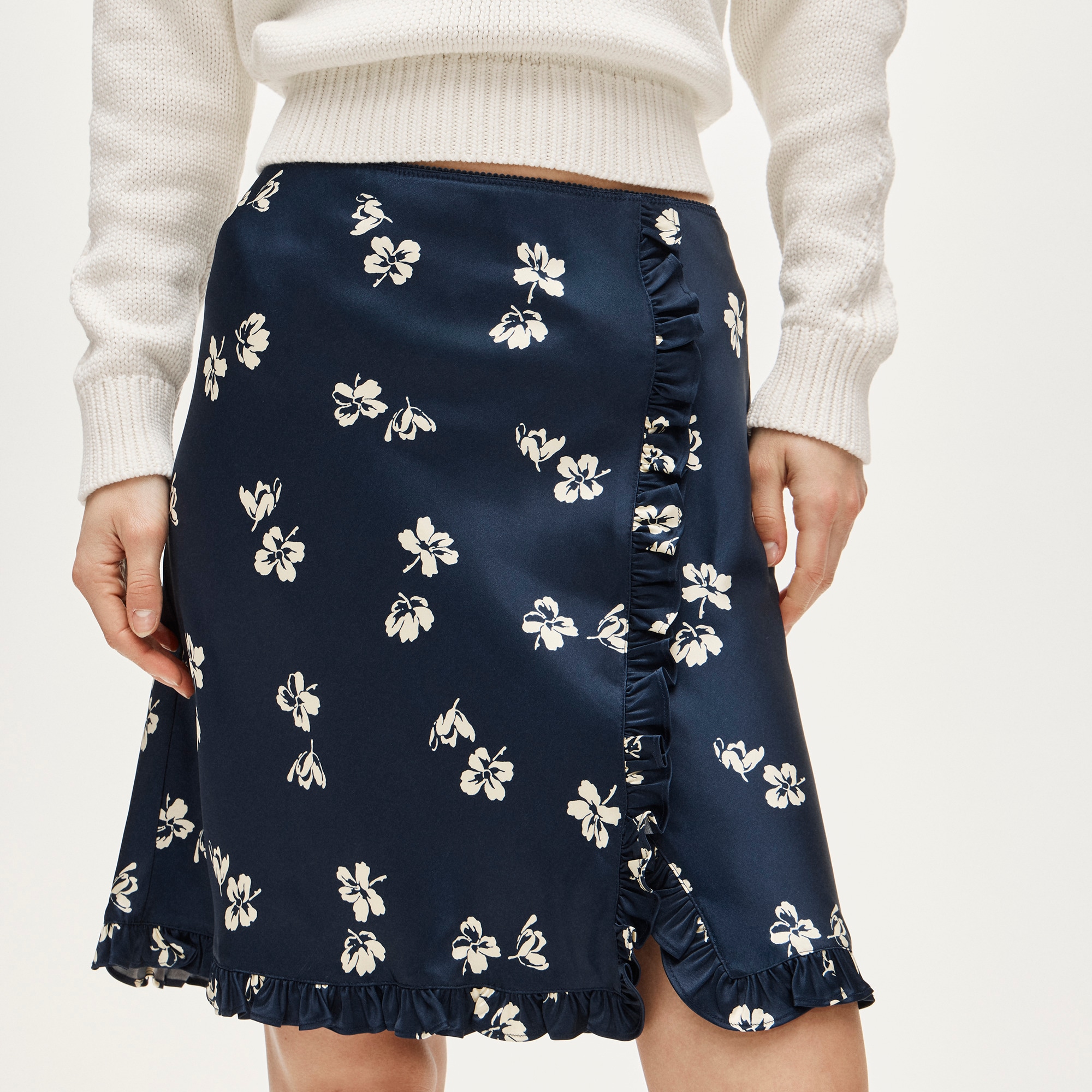 Side-ruffle Slip Skirt In Viscose Charmeuse Floral For Women | J.Crew