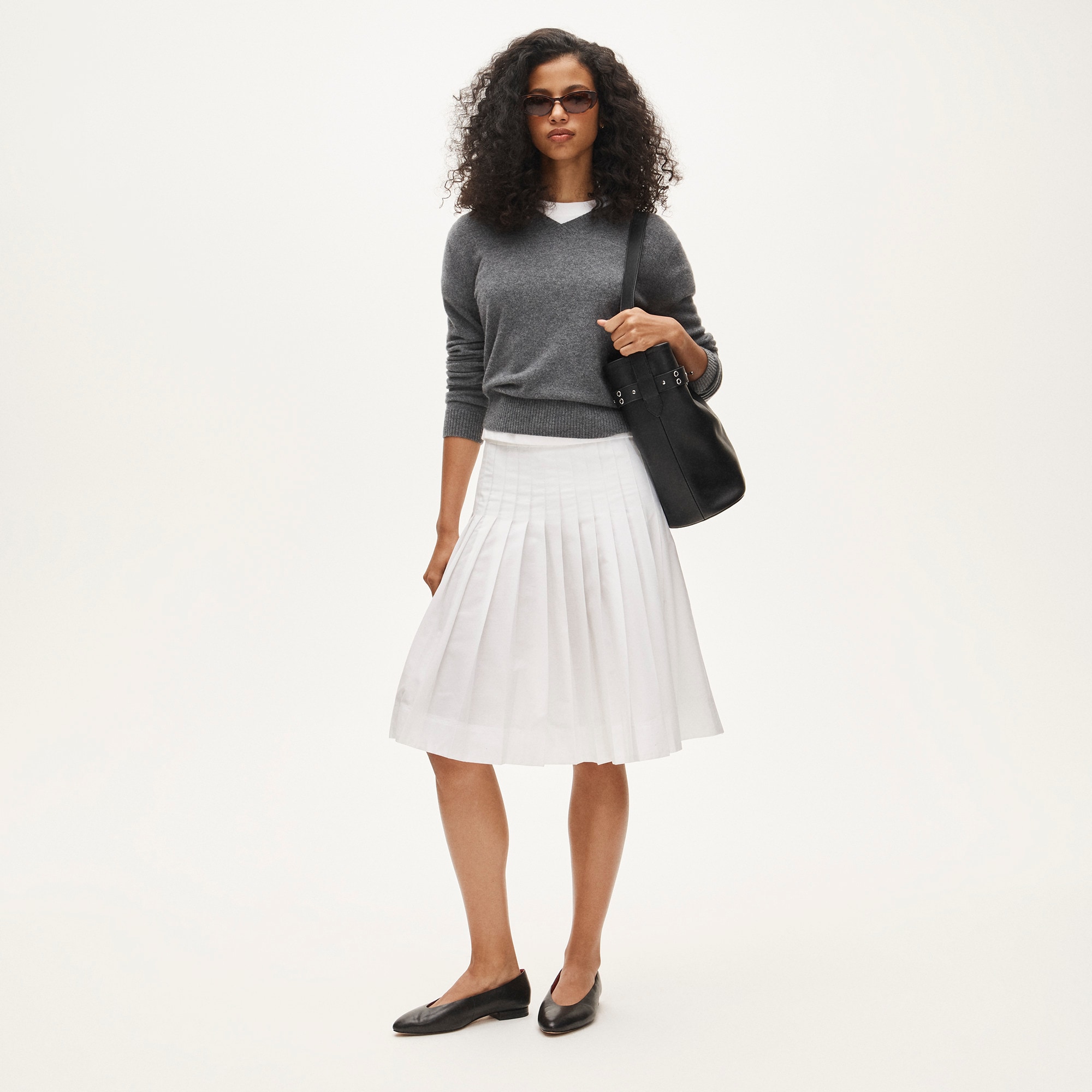 Petite pleated midi skirt in cotton poplin - White