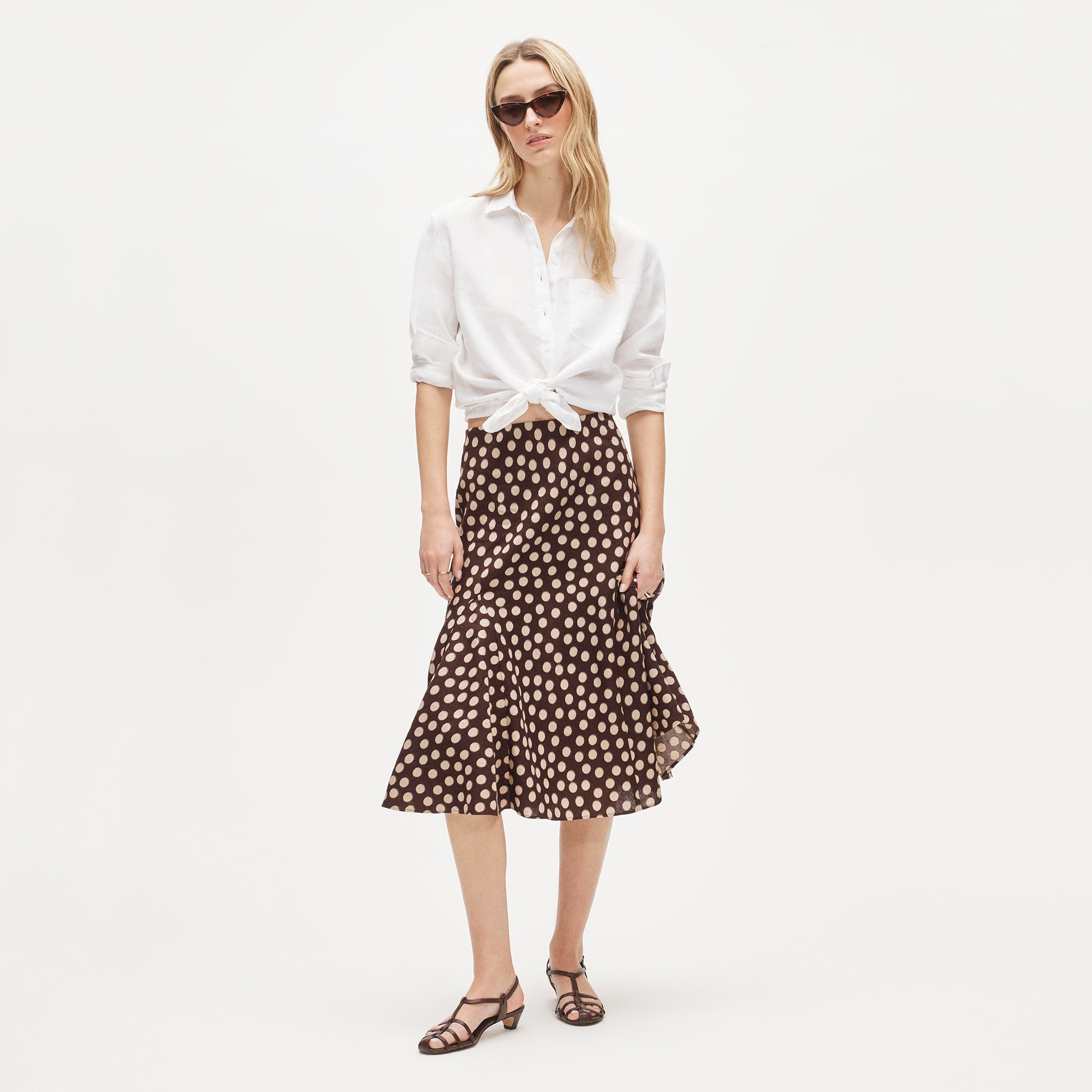  Gwyneth flounce-hem slip skirt in linen dot
