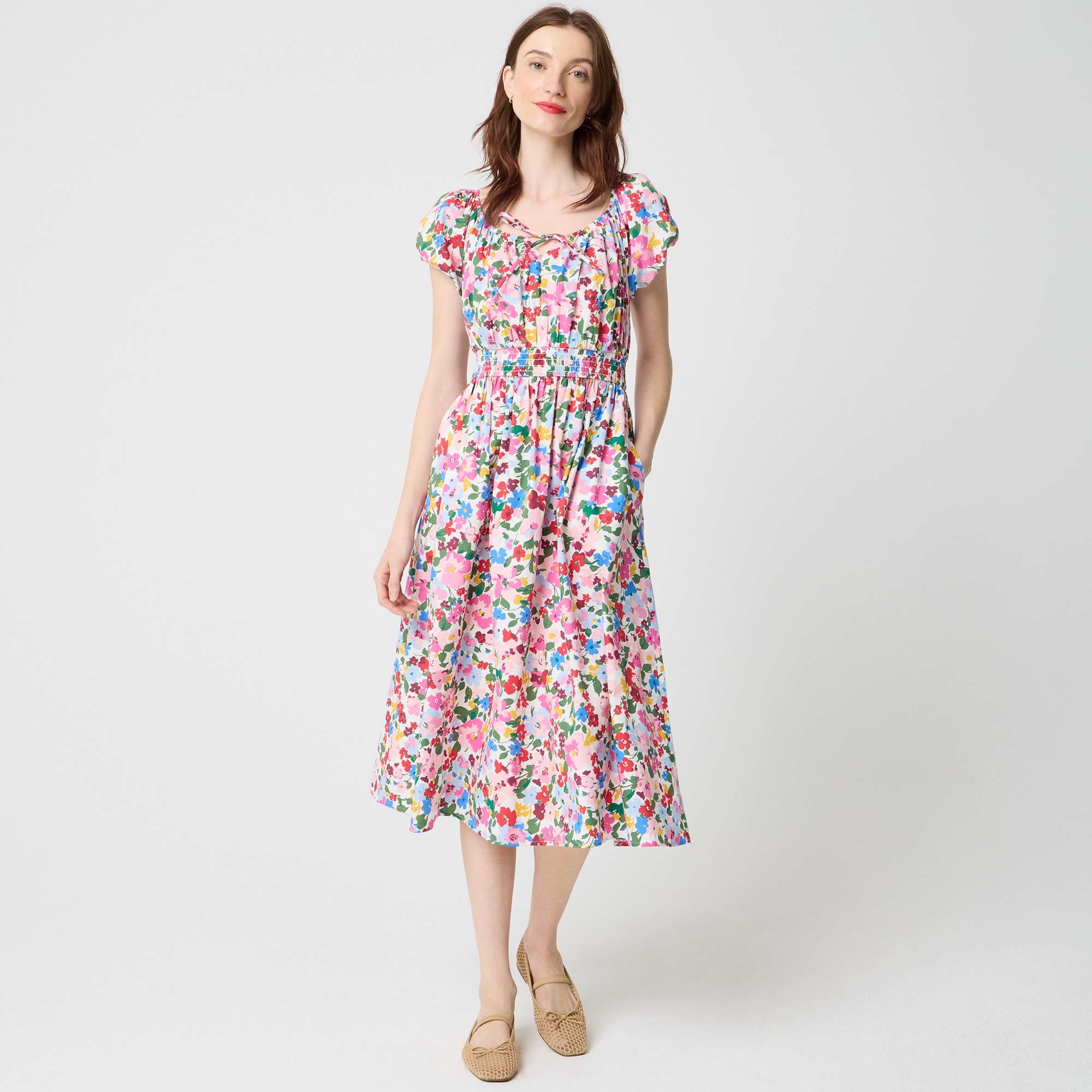 Floral smocked-waist midi dress