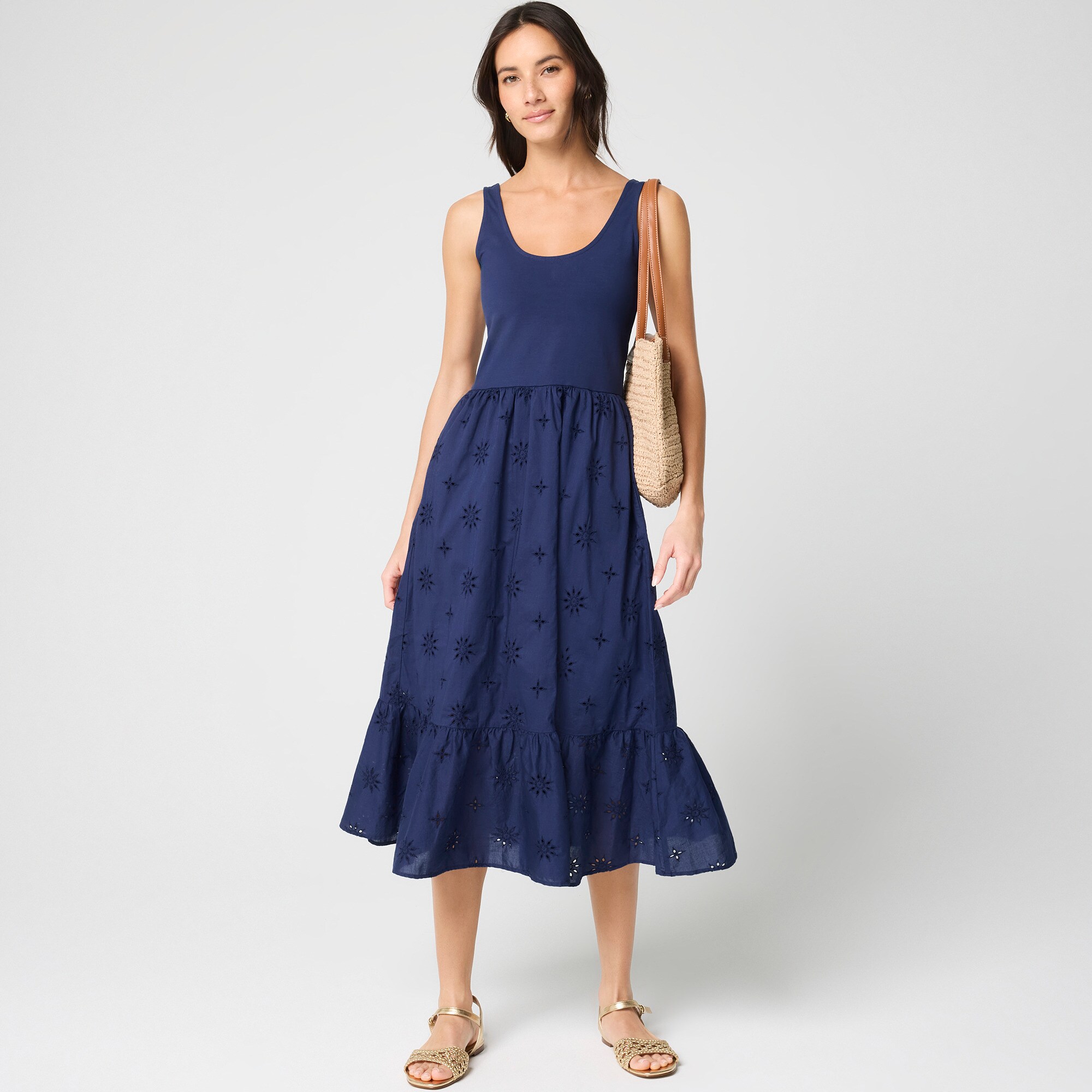 Eyelet mixed-media midi dress