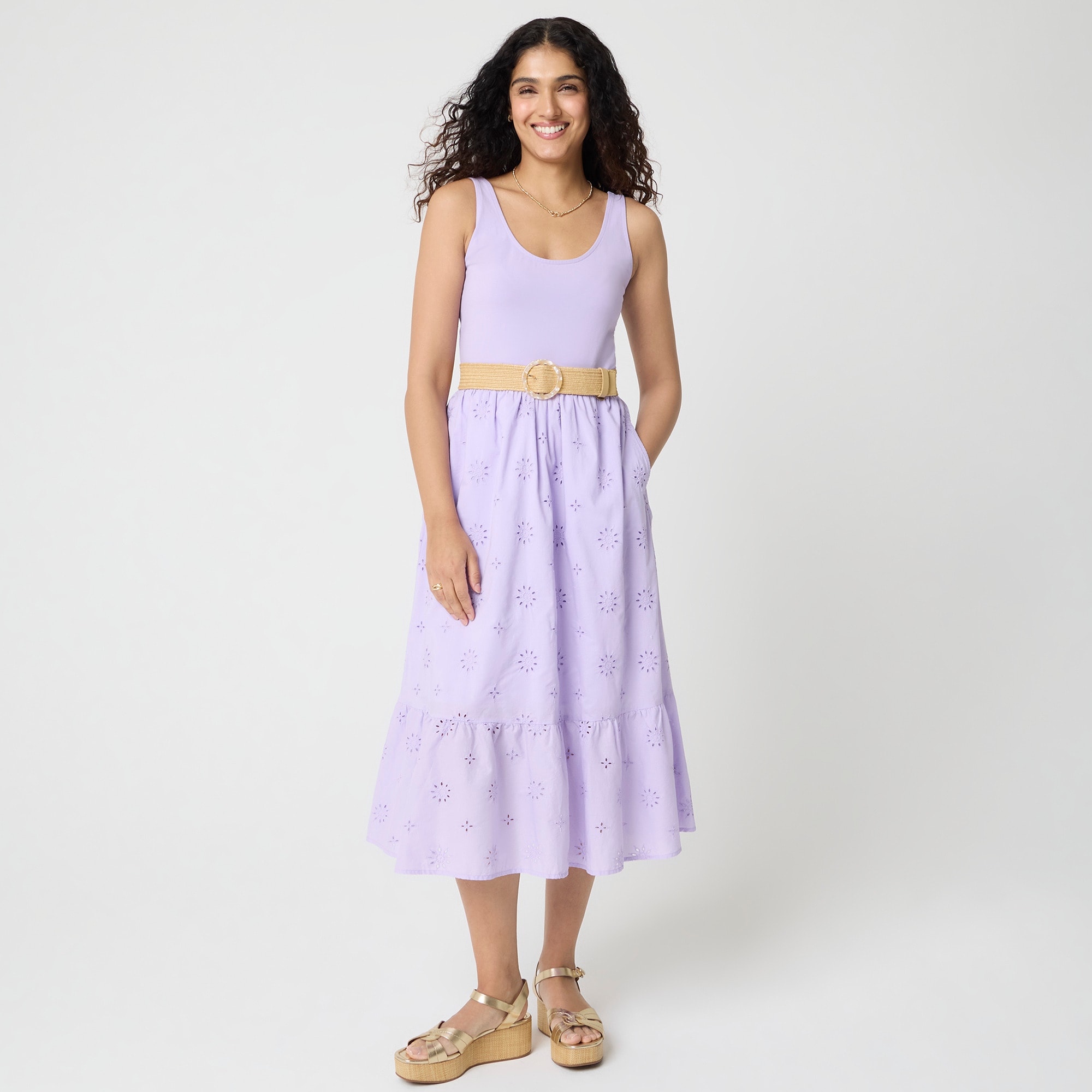 Tall eyelet mixed-media midi dress