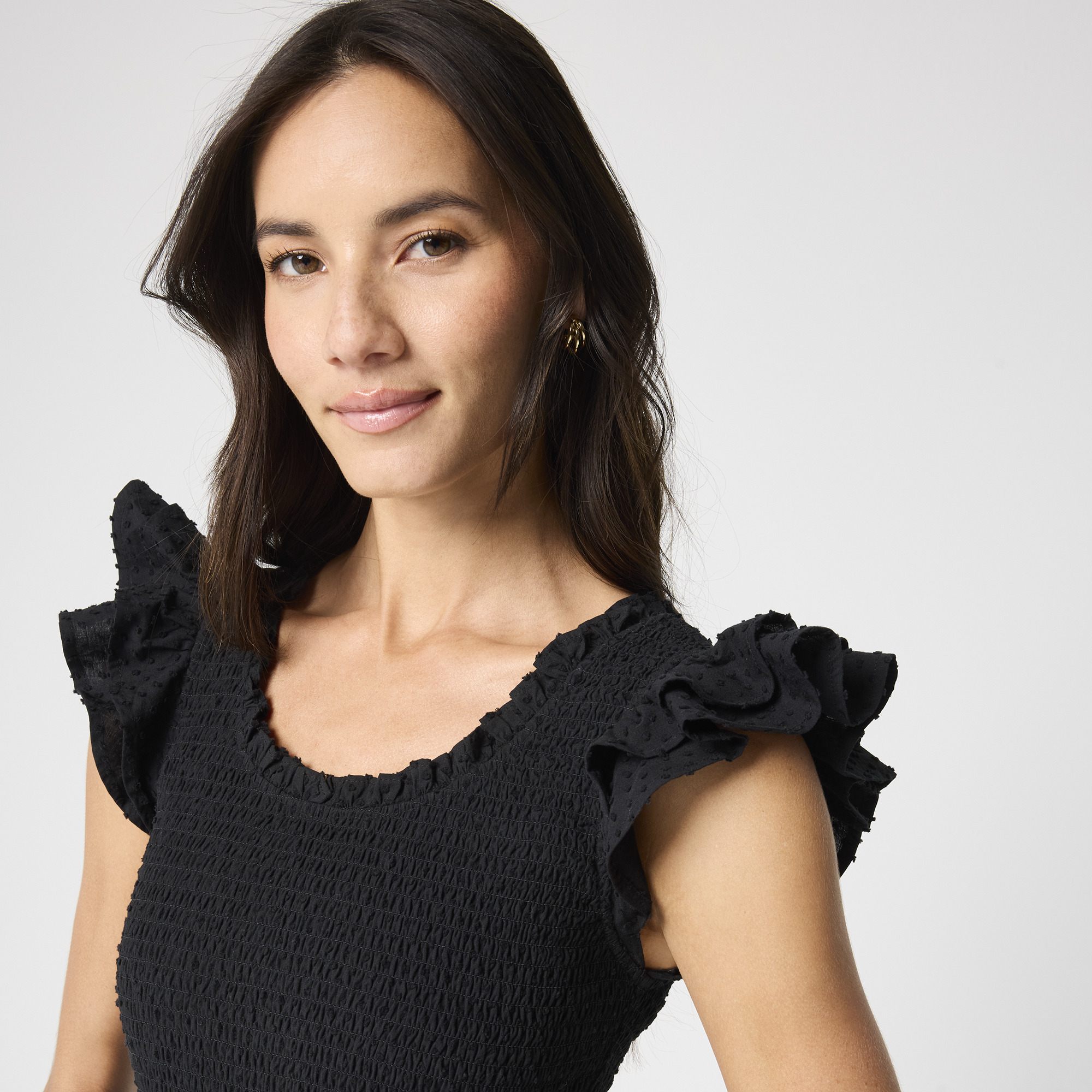 Clip-dot smocked flutter-sleeve midi dress