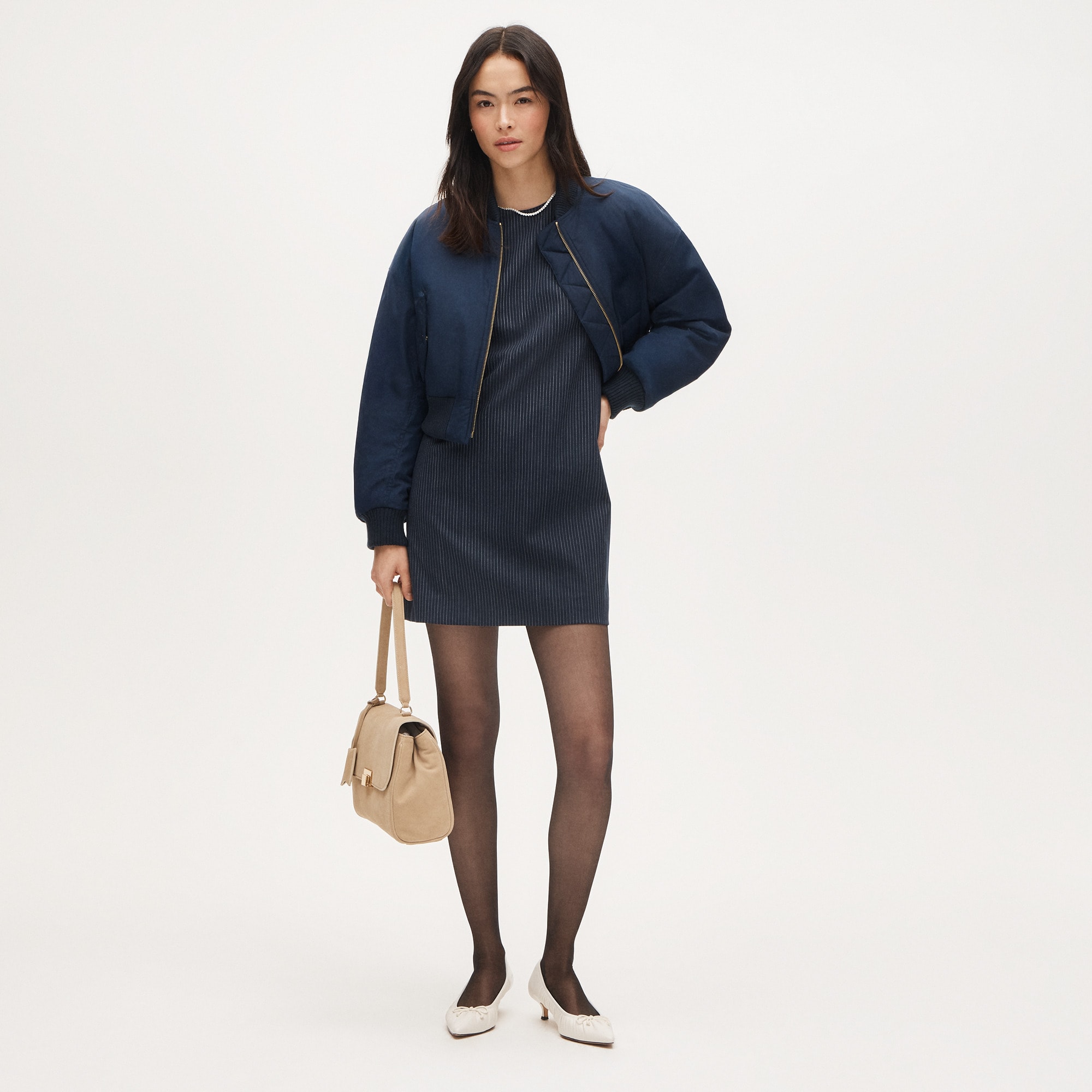 Mini shift dress in pinstriped wool blend