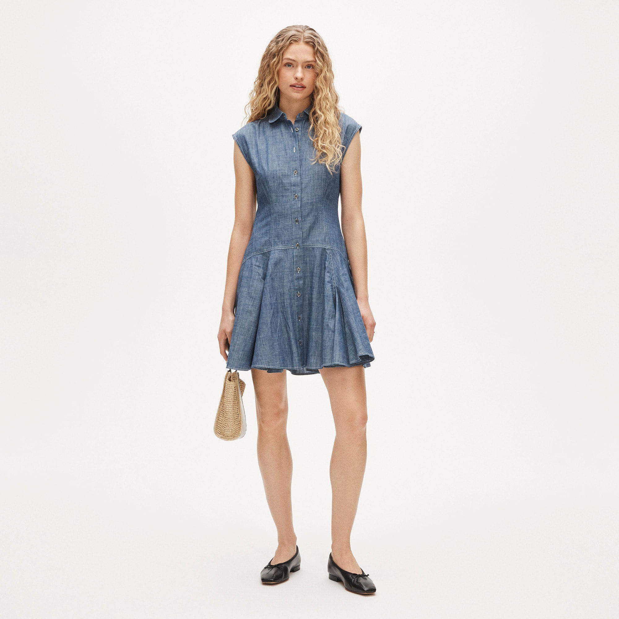 Button-front mini dress in chambray