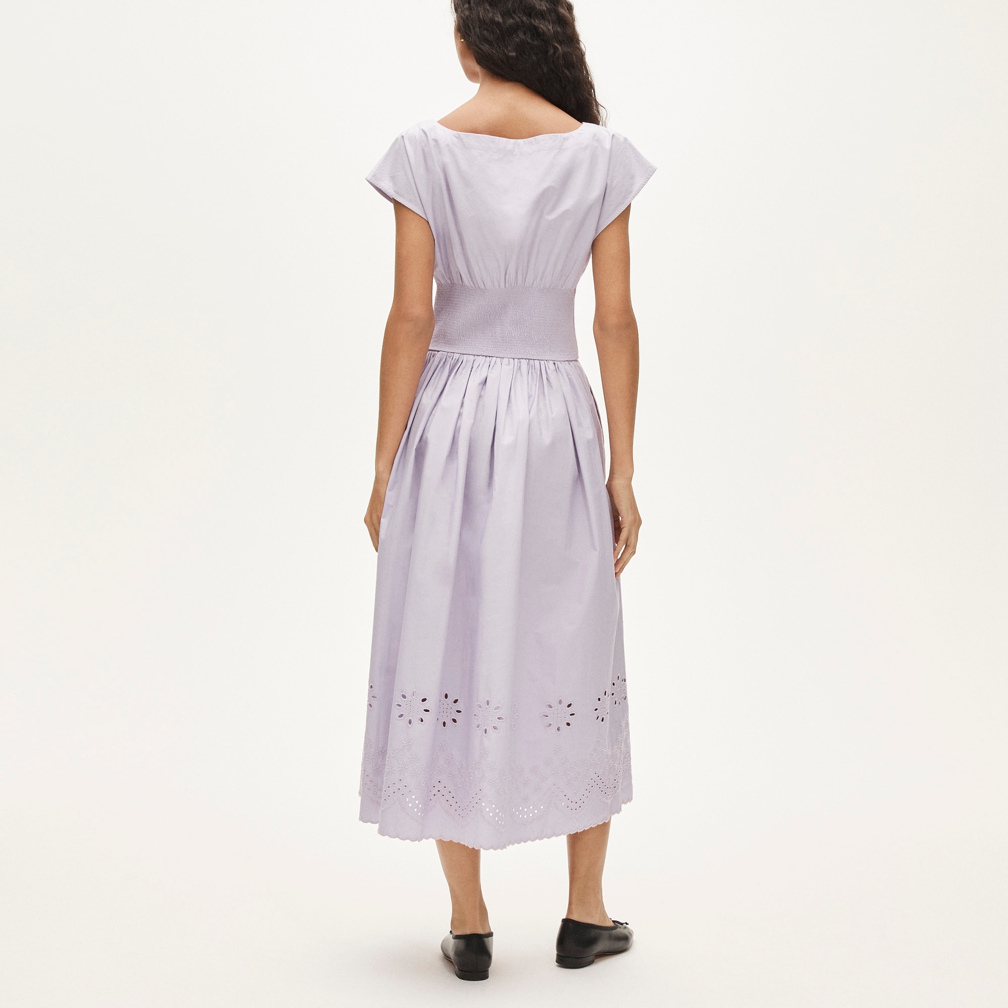 Smocked eyelet-hem dress in cotton poplin