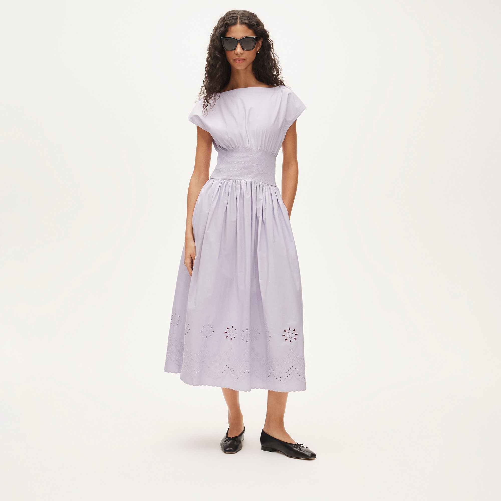 womens Smocked eyelet-hem dress in cotton poplin