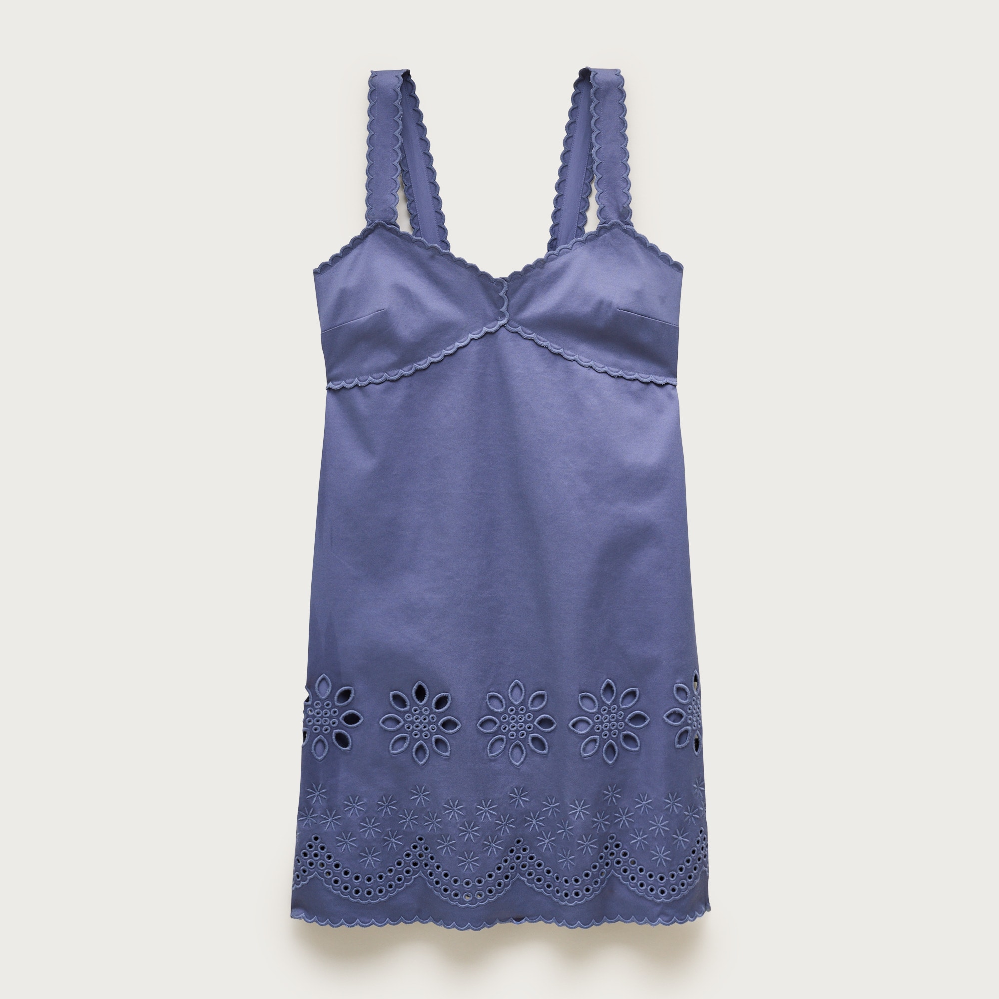 Scallop-trim mini dress in washed twill