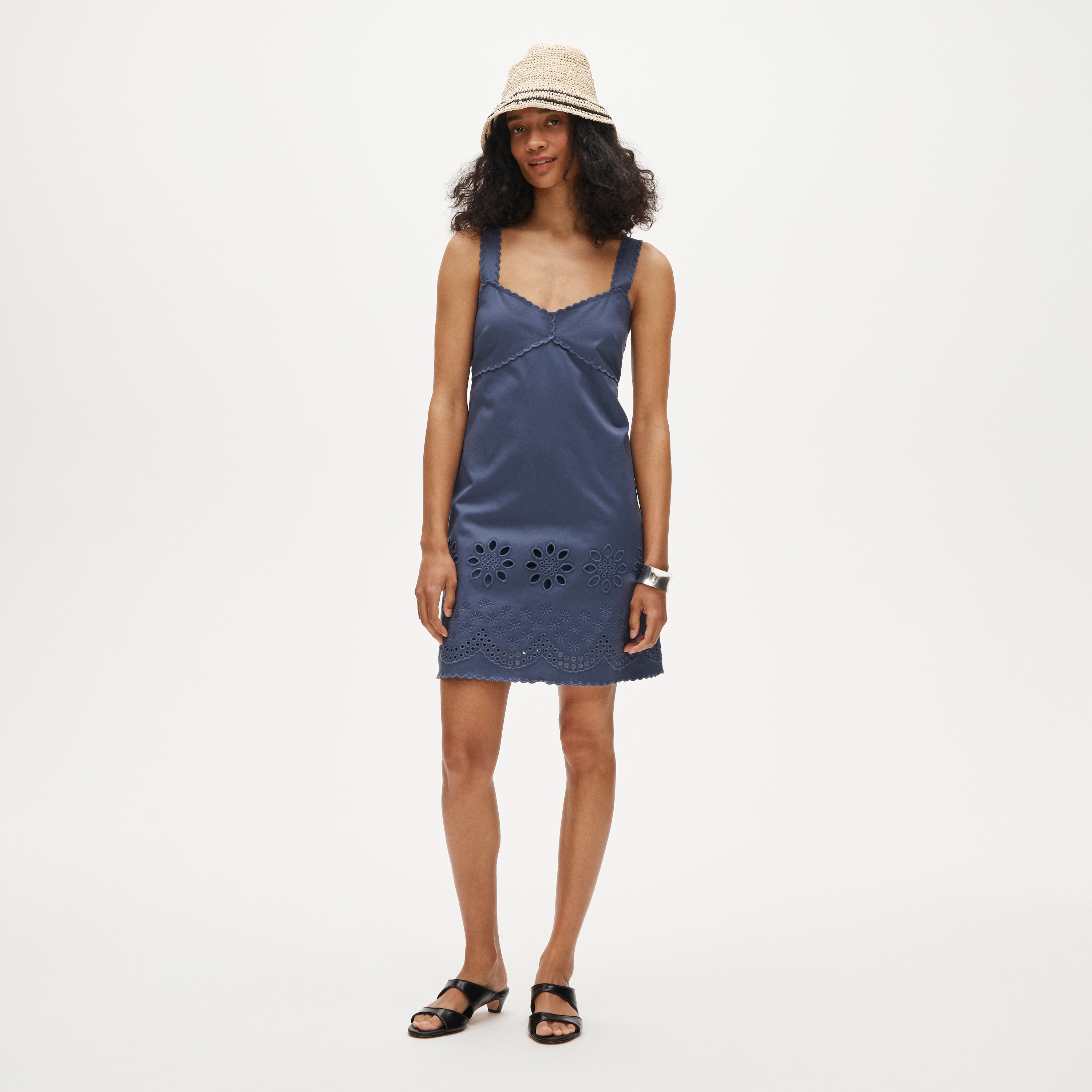 Scallop-trim mini dress in washed twill