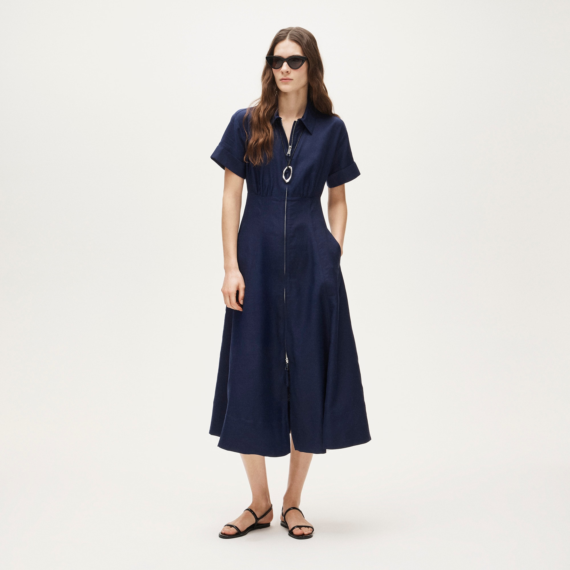 Petite zip-up shirt-dress in Gramercy linen blend - Blue