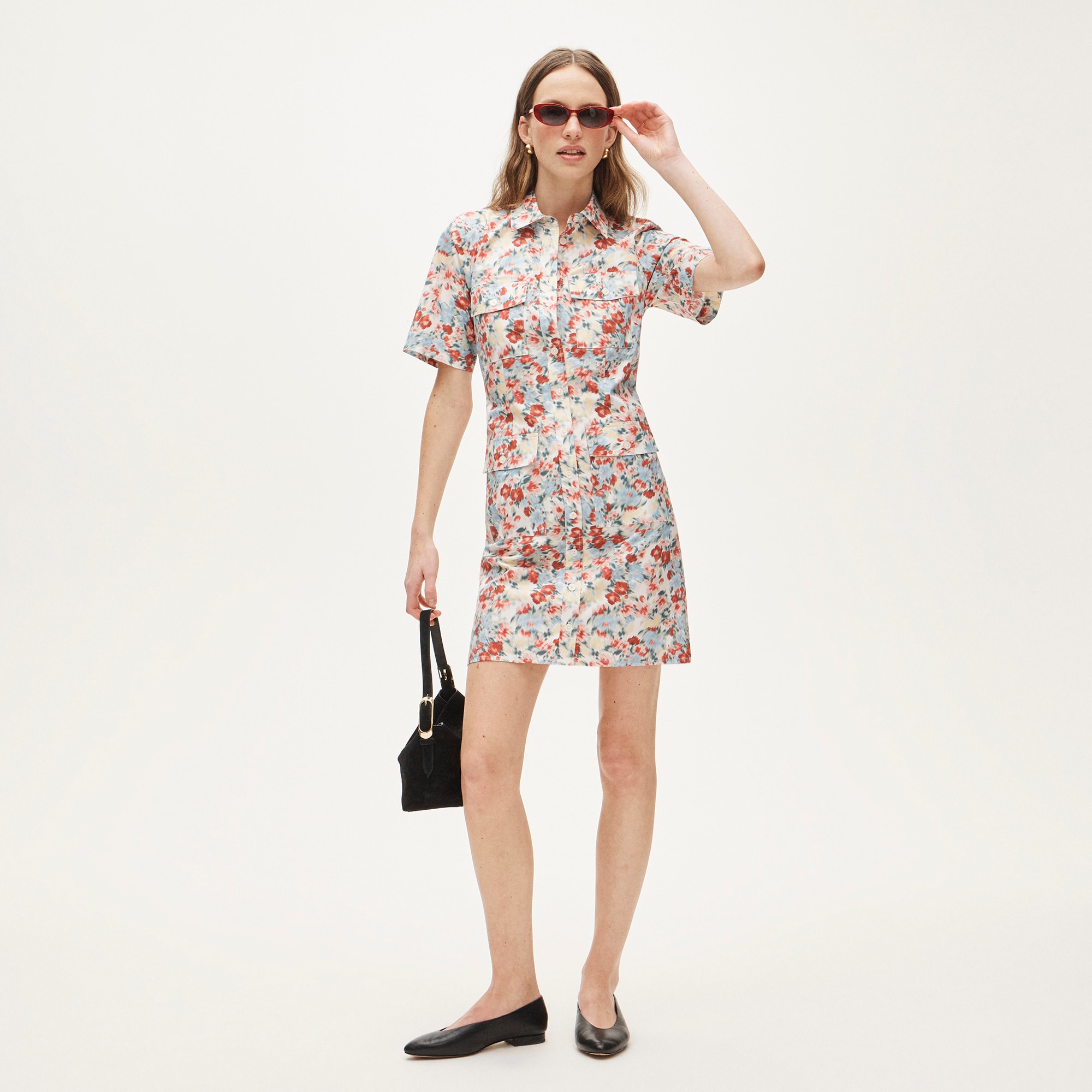  Shirt-dress in cotton poplin with floral-print flap pockets