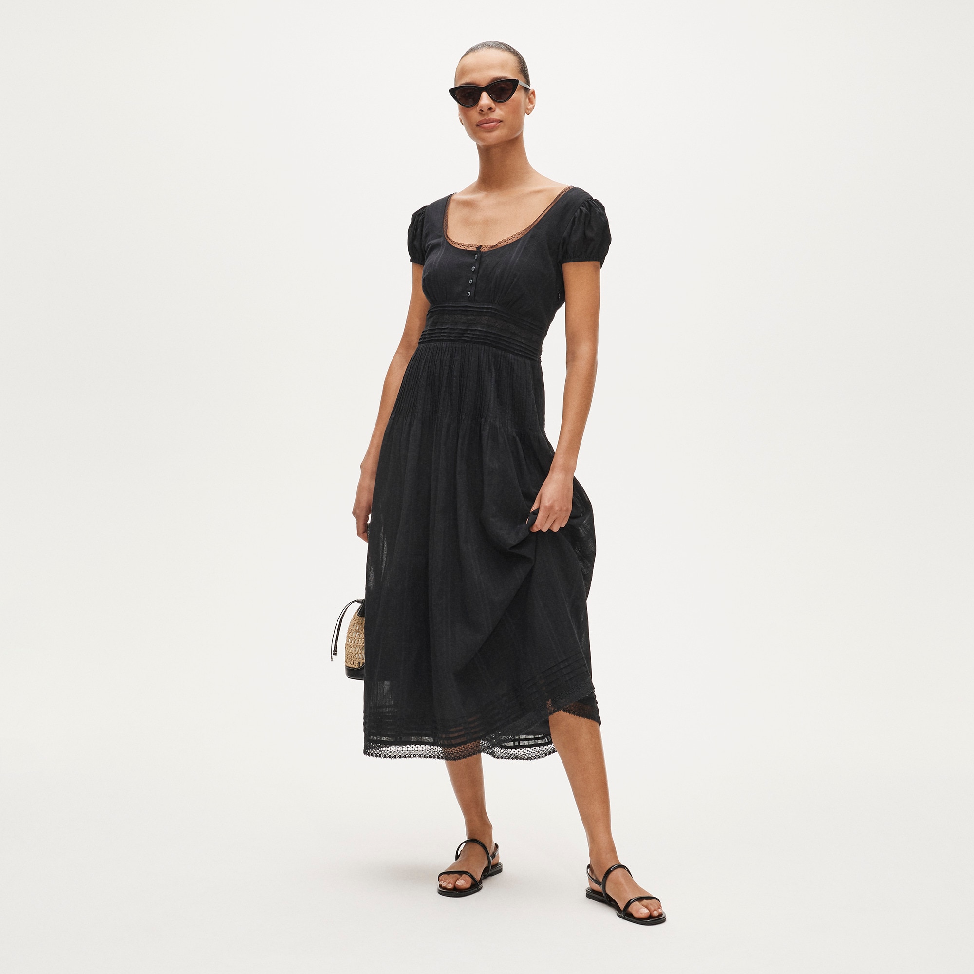 chinese dress ladies Lace Detail Puff Sleeve Cotton Midi Dress – Florere main image 1