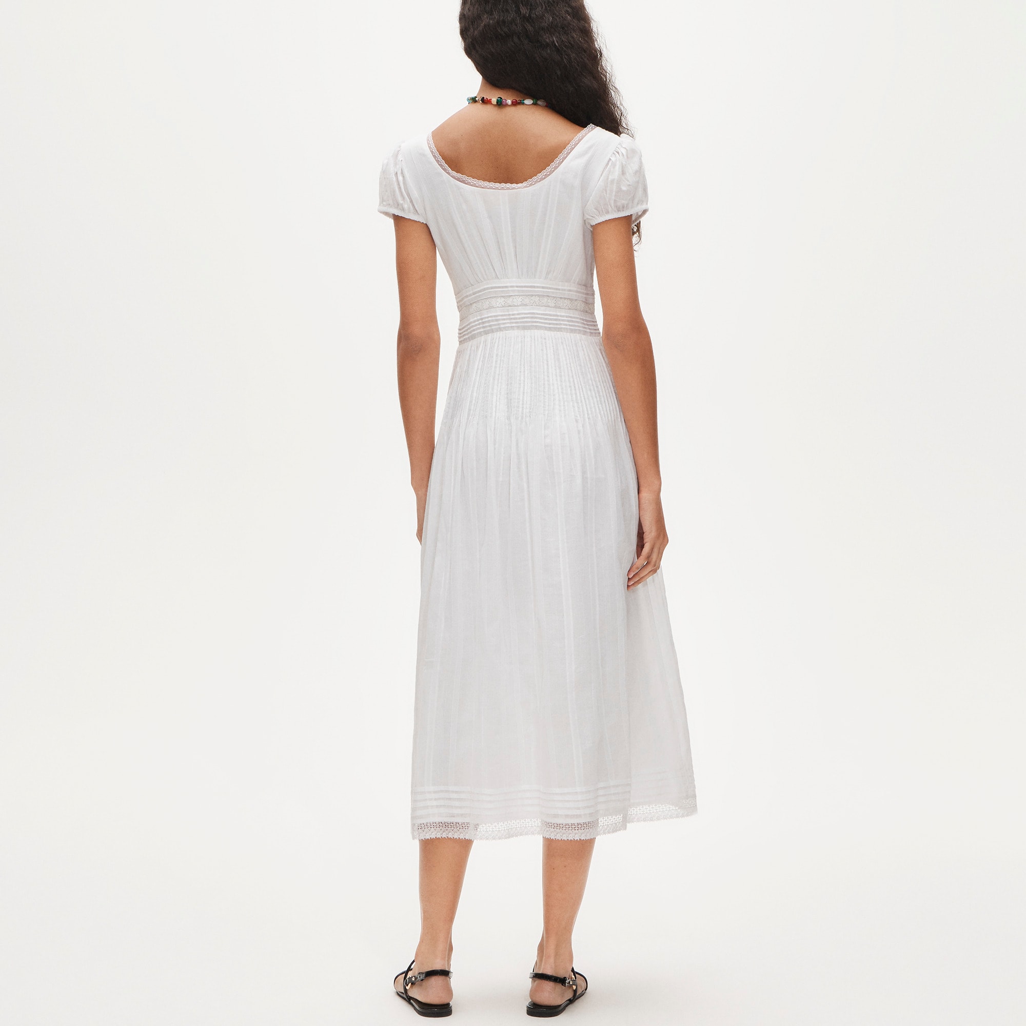 Lace-trim pintuck midi dress in cotton dobby