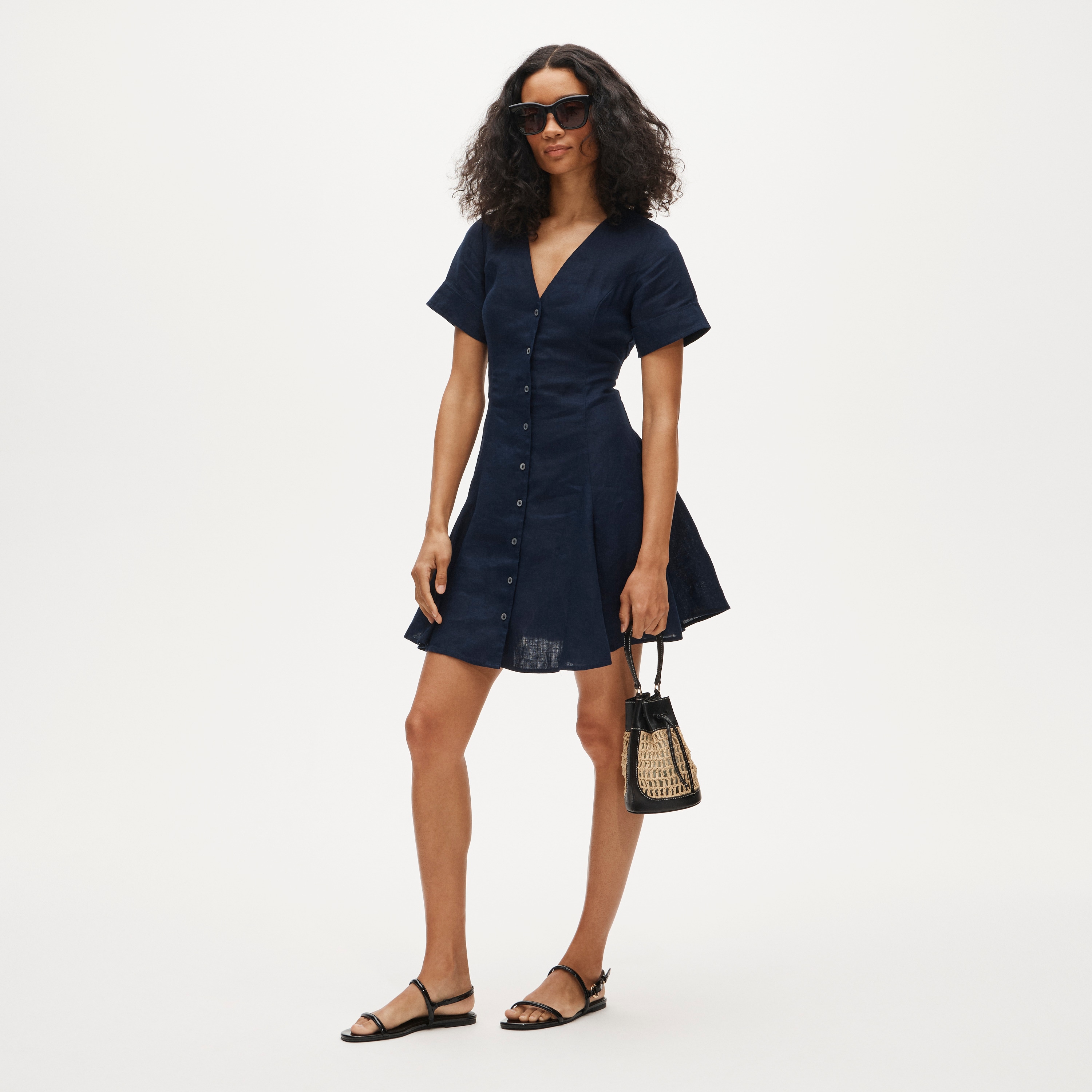 Petite short-sleeve mini dress in linen - Navy