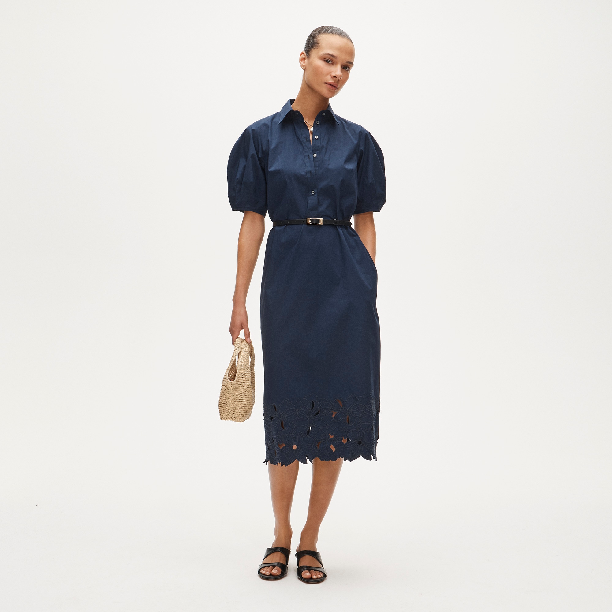 Embroidered shirt-dress in cotton poplin