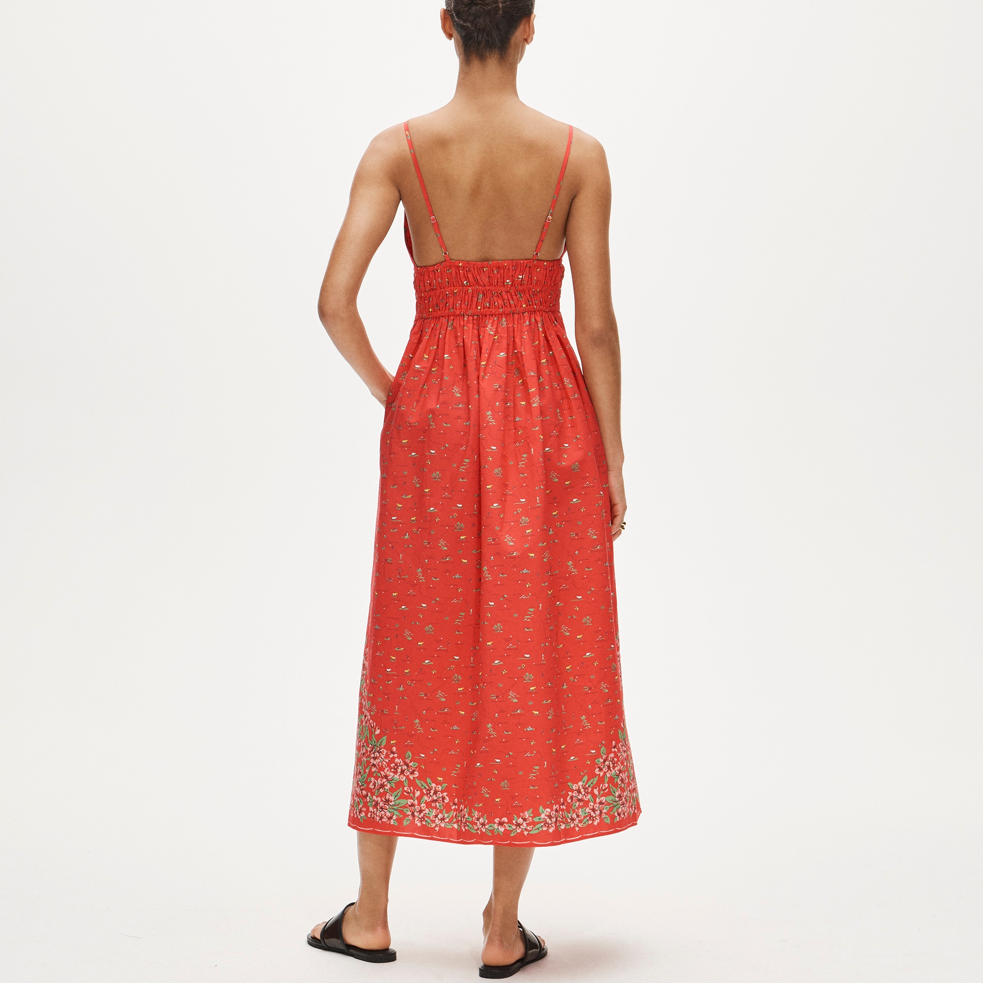 Smocked-waist V-neck dress in map print