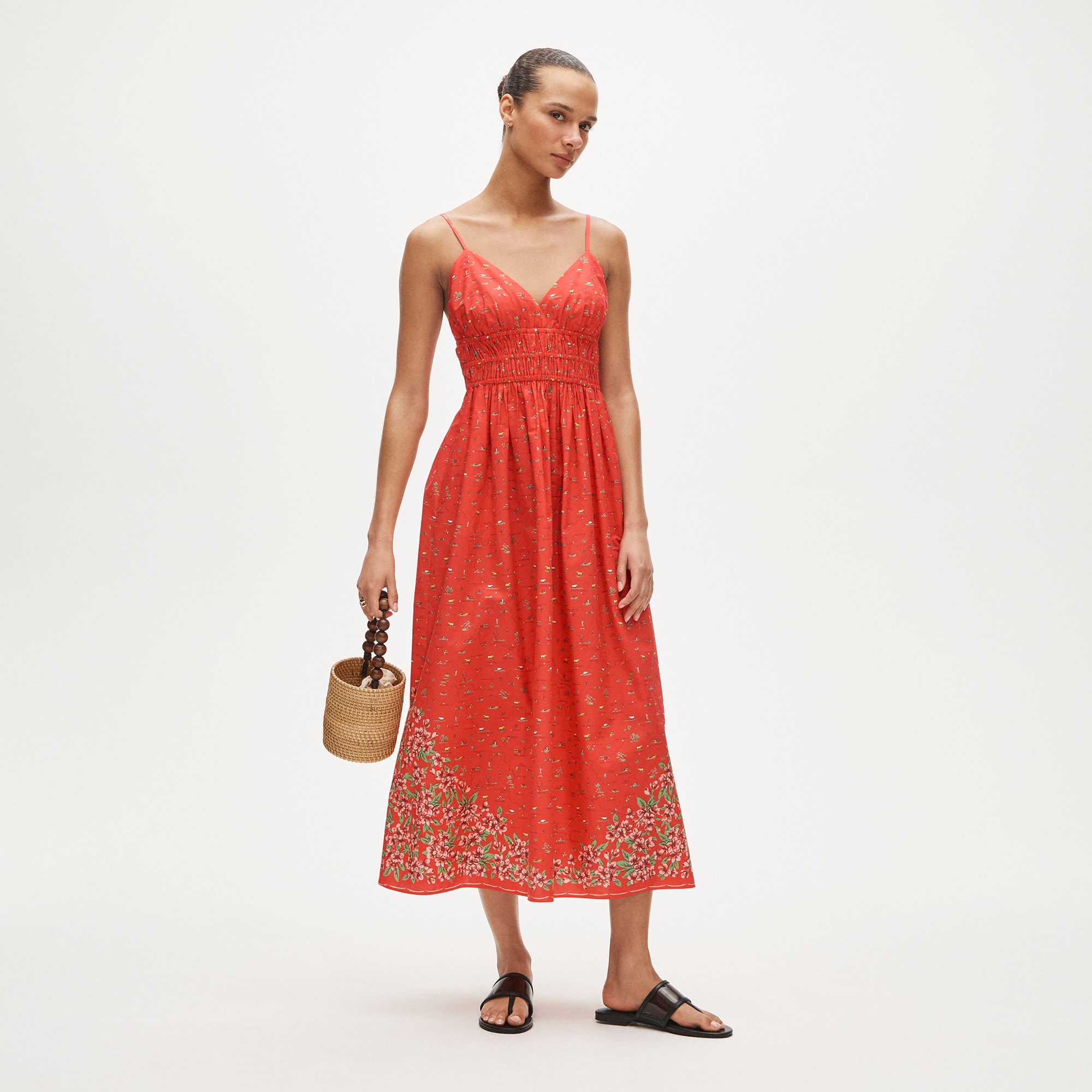 Smocked-waist V-neck dress in map print