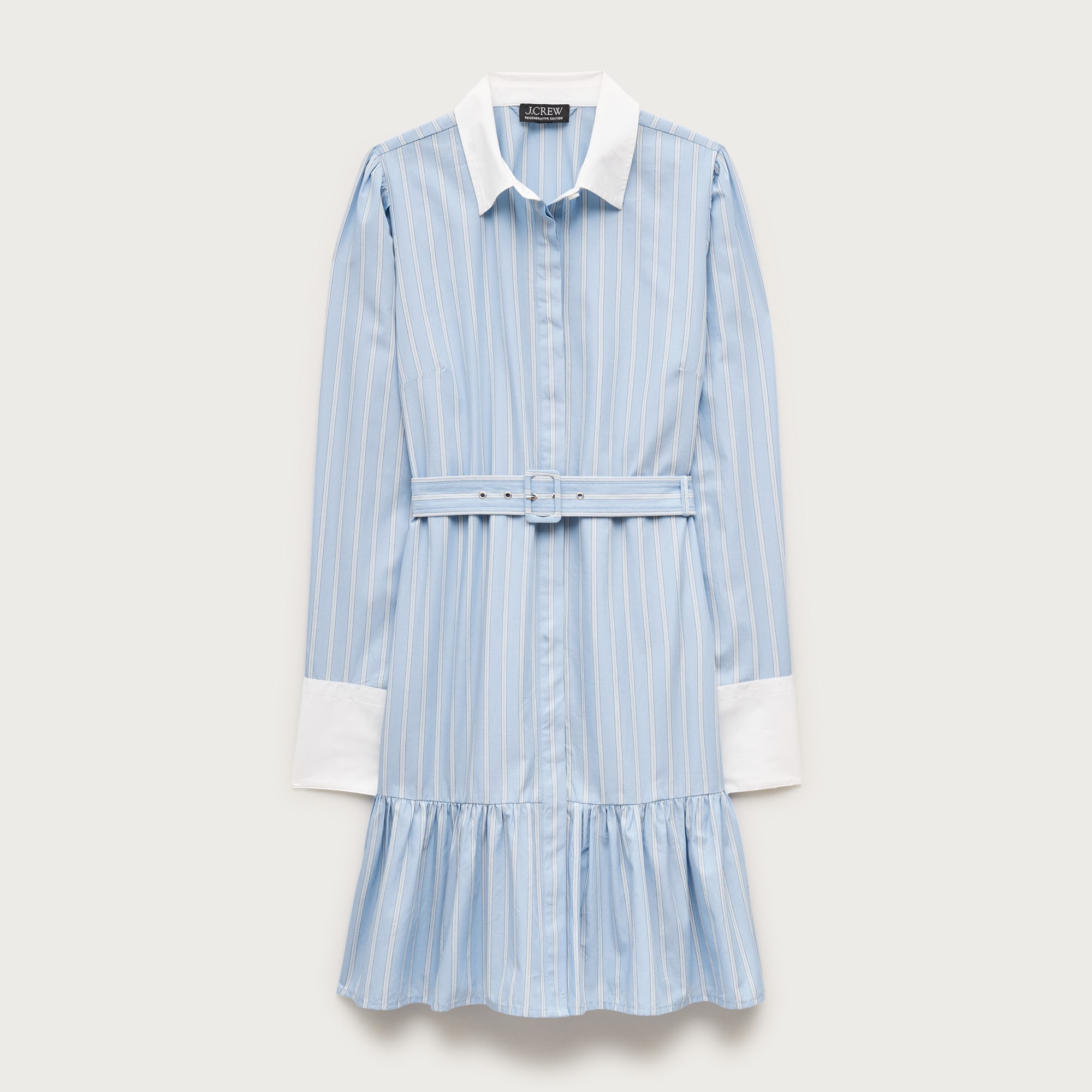 knee length dresses for ladies Women's in Perfect Order Blue Stripe Button Front Ruffle Collar Midi Shirt Dress | Size: S main image 1