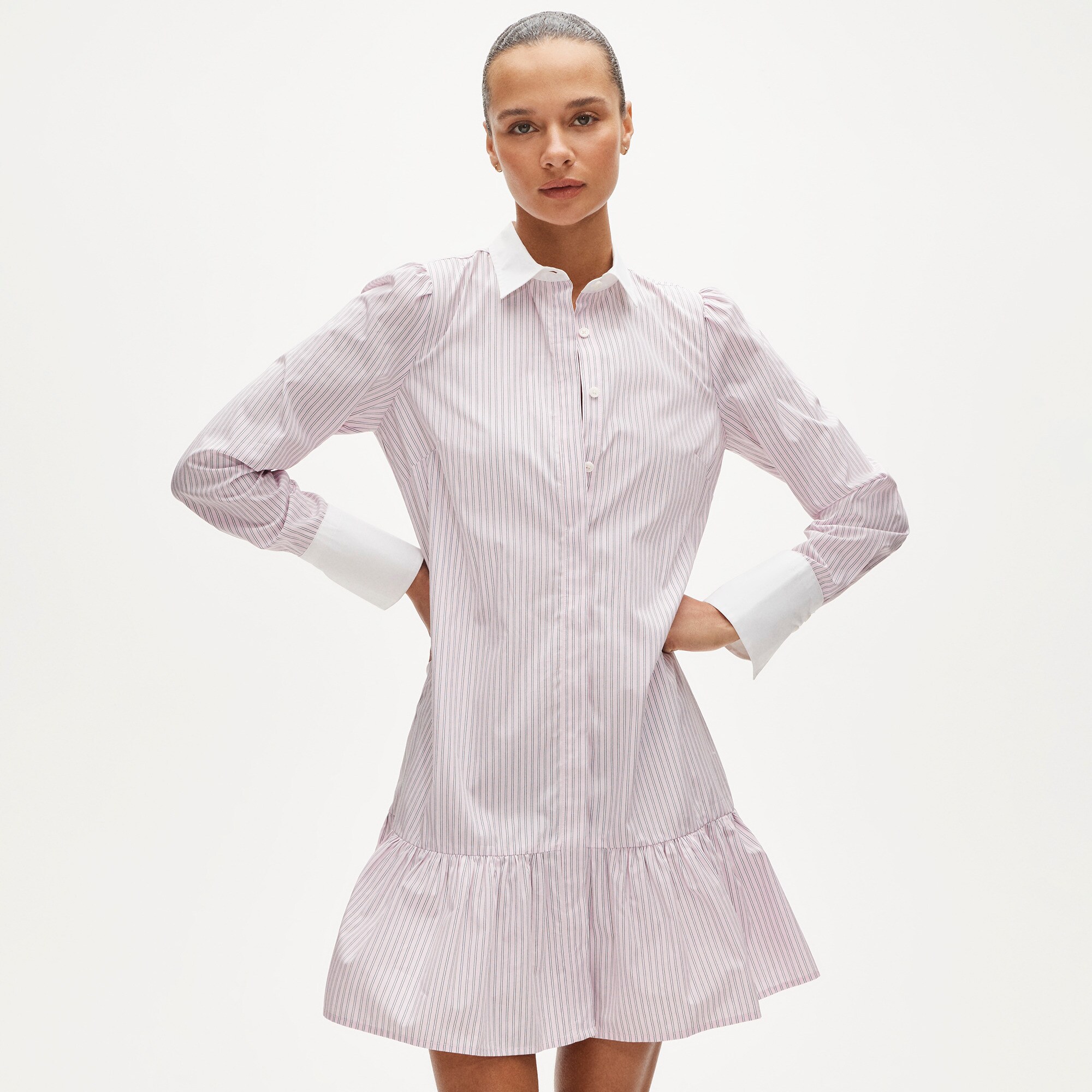 Tiered shirt-dress in striped cotton poplin