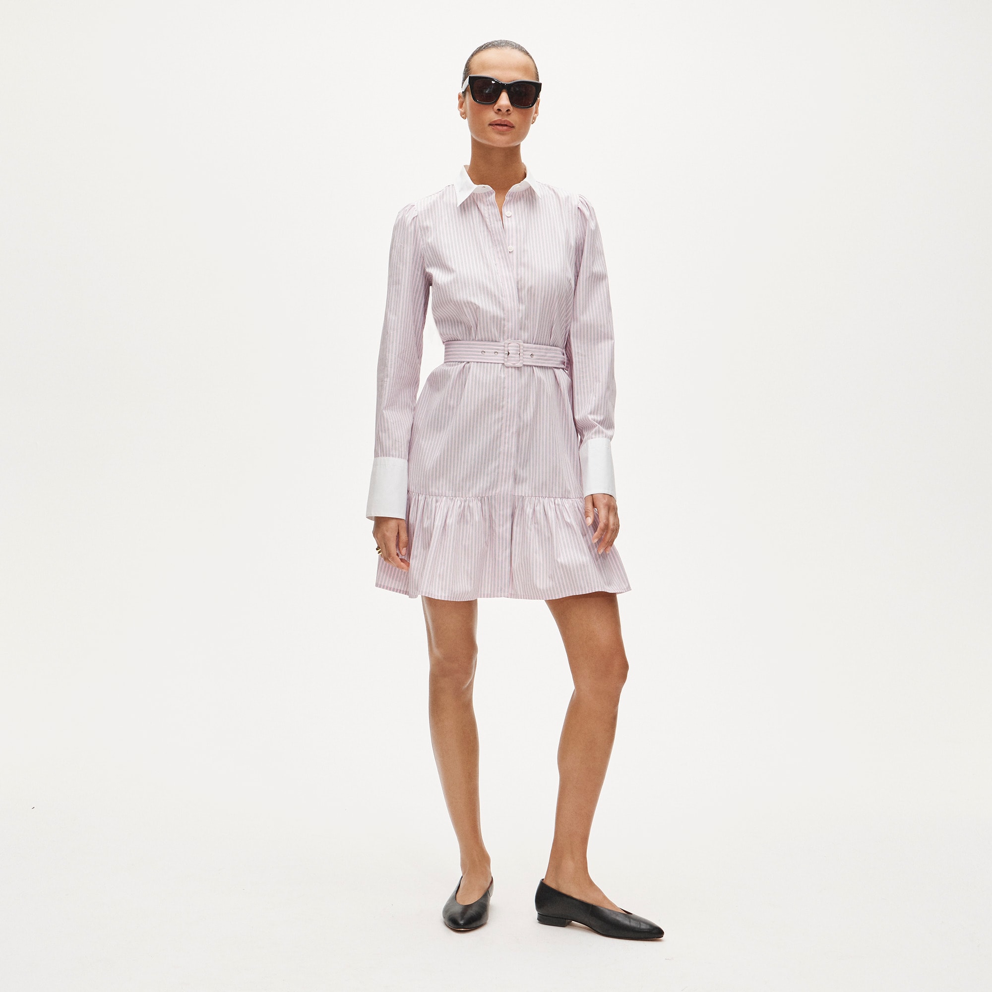 Tiered shirt-dress in striped cotton poplin