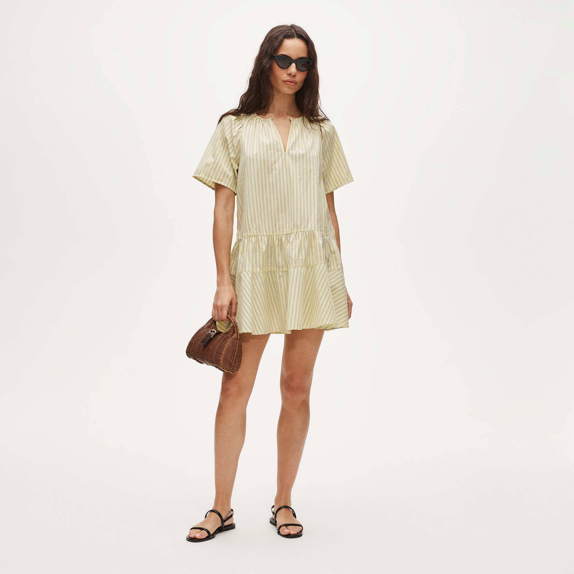 Tiered popover dress in striped cotton poplin