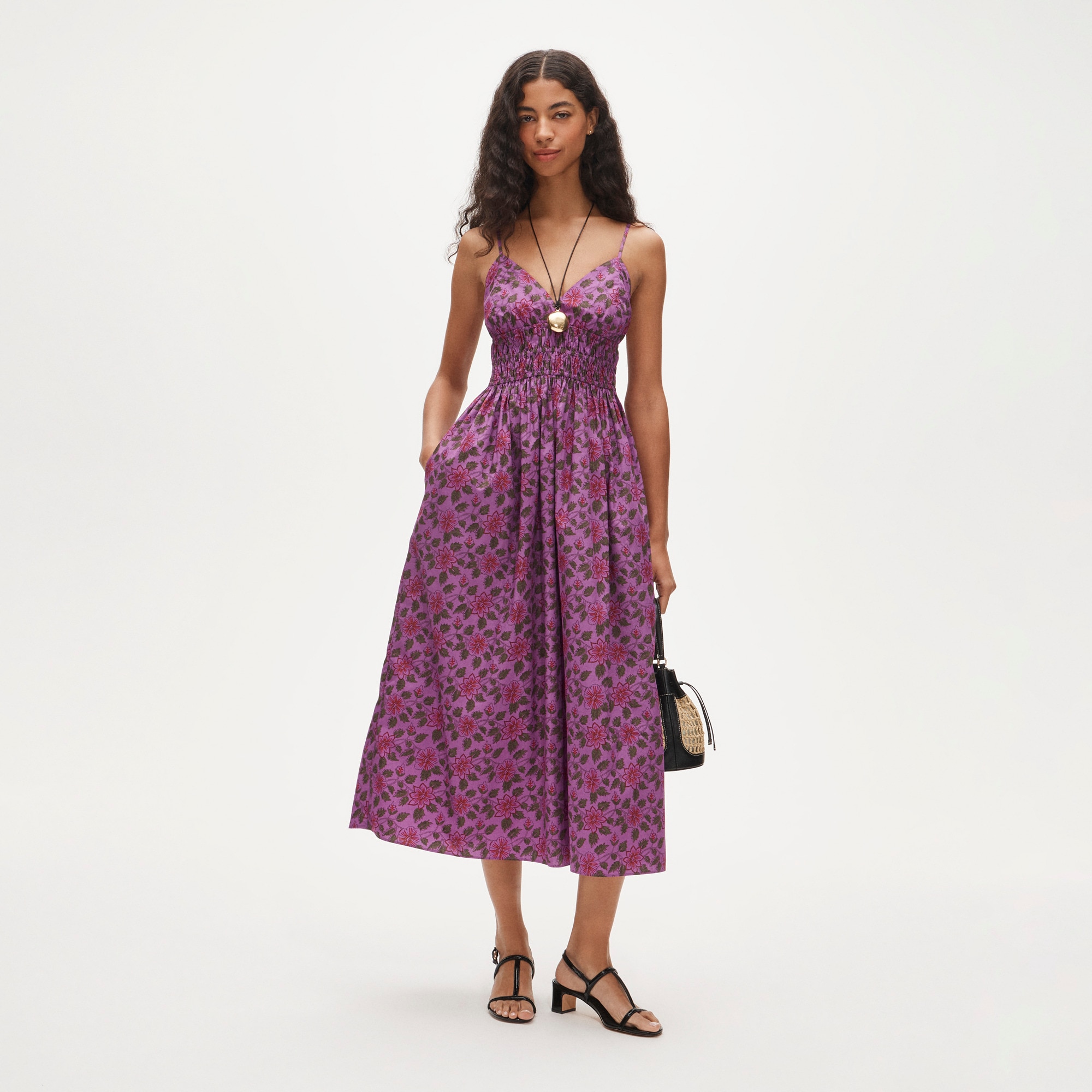 Smocked-waist V-neck dress in iris floral