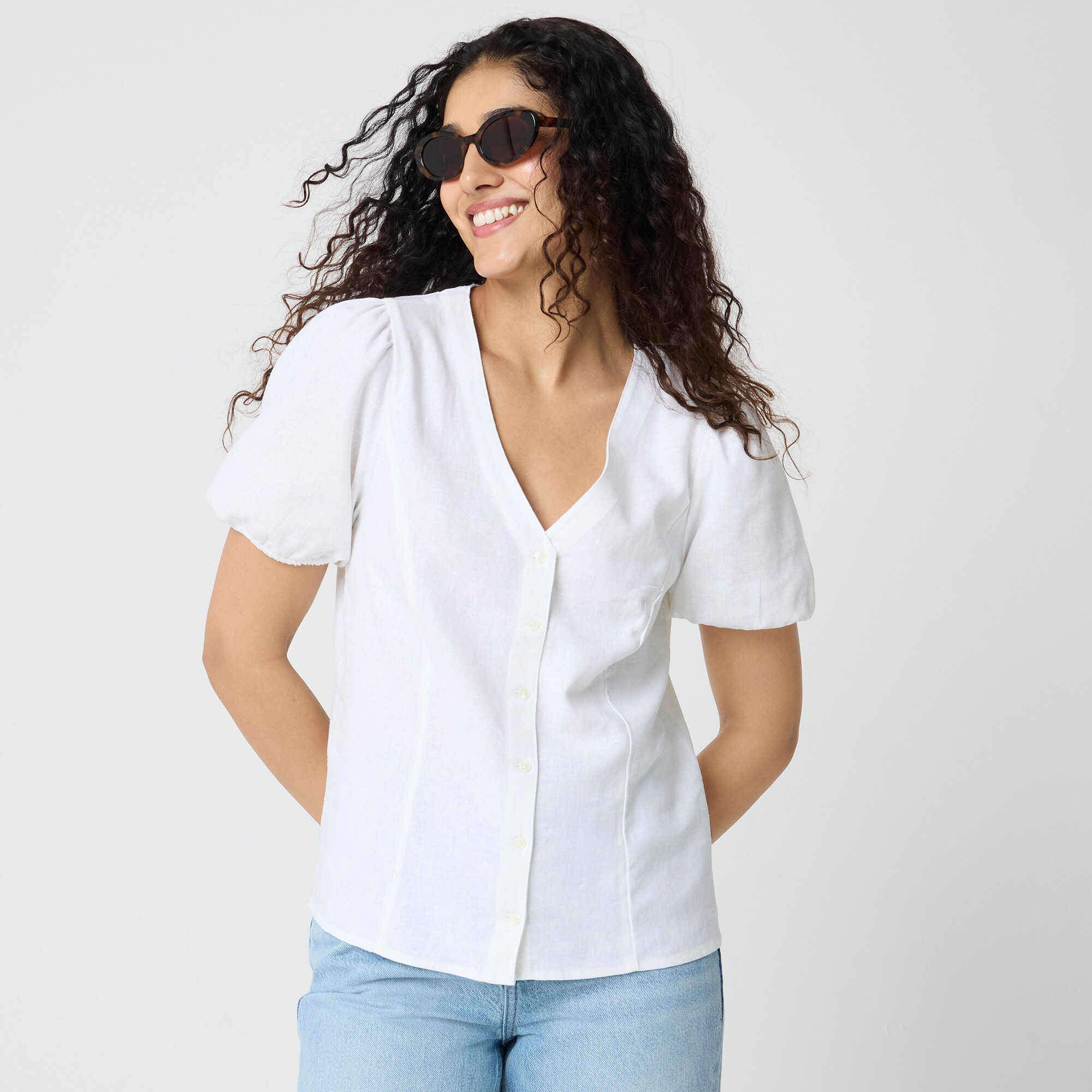 Linen-blend button-up top