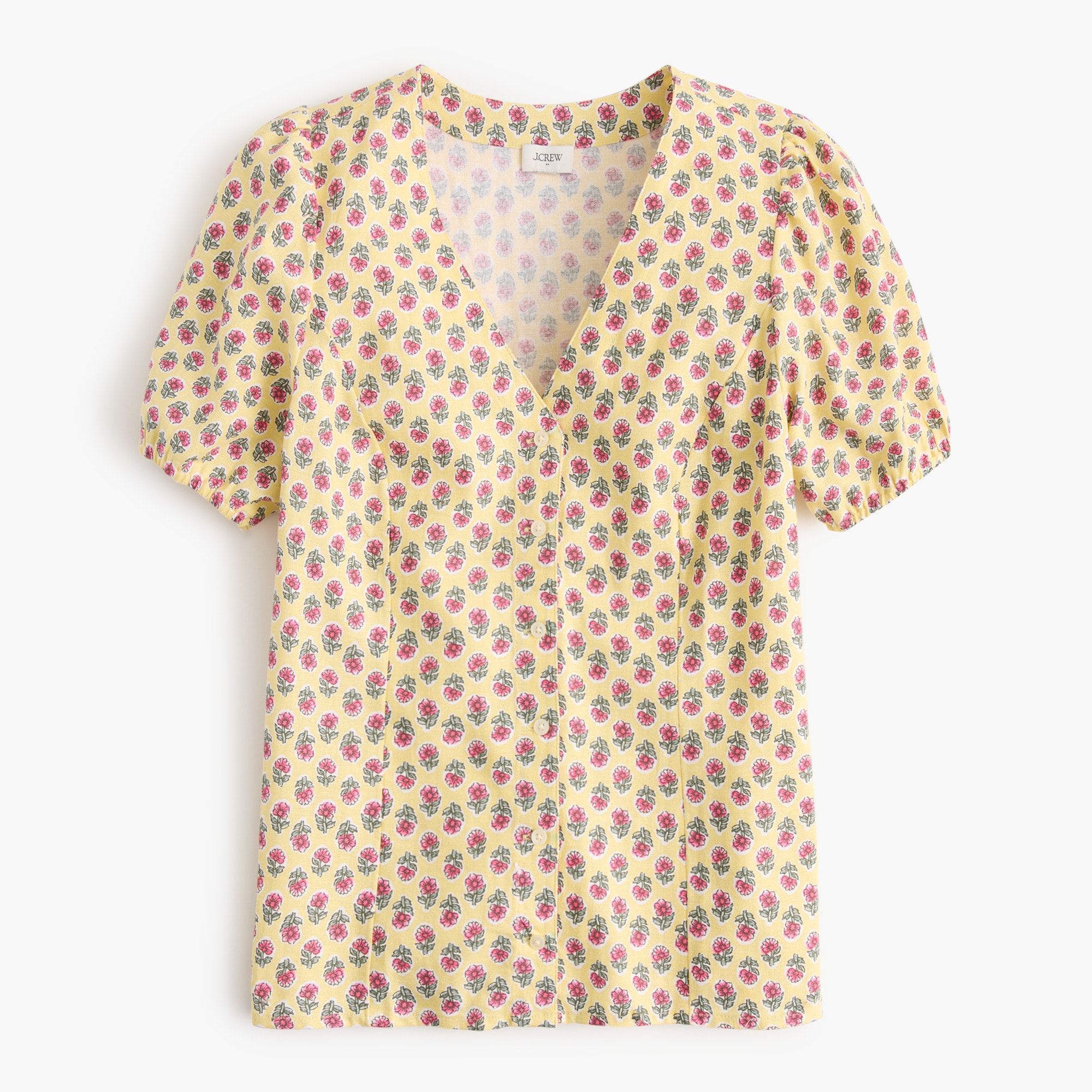 Block-print linen-blend button-up top