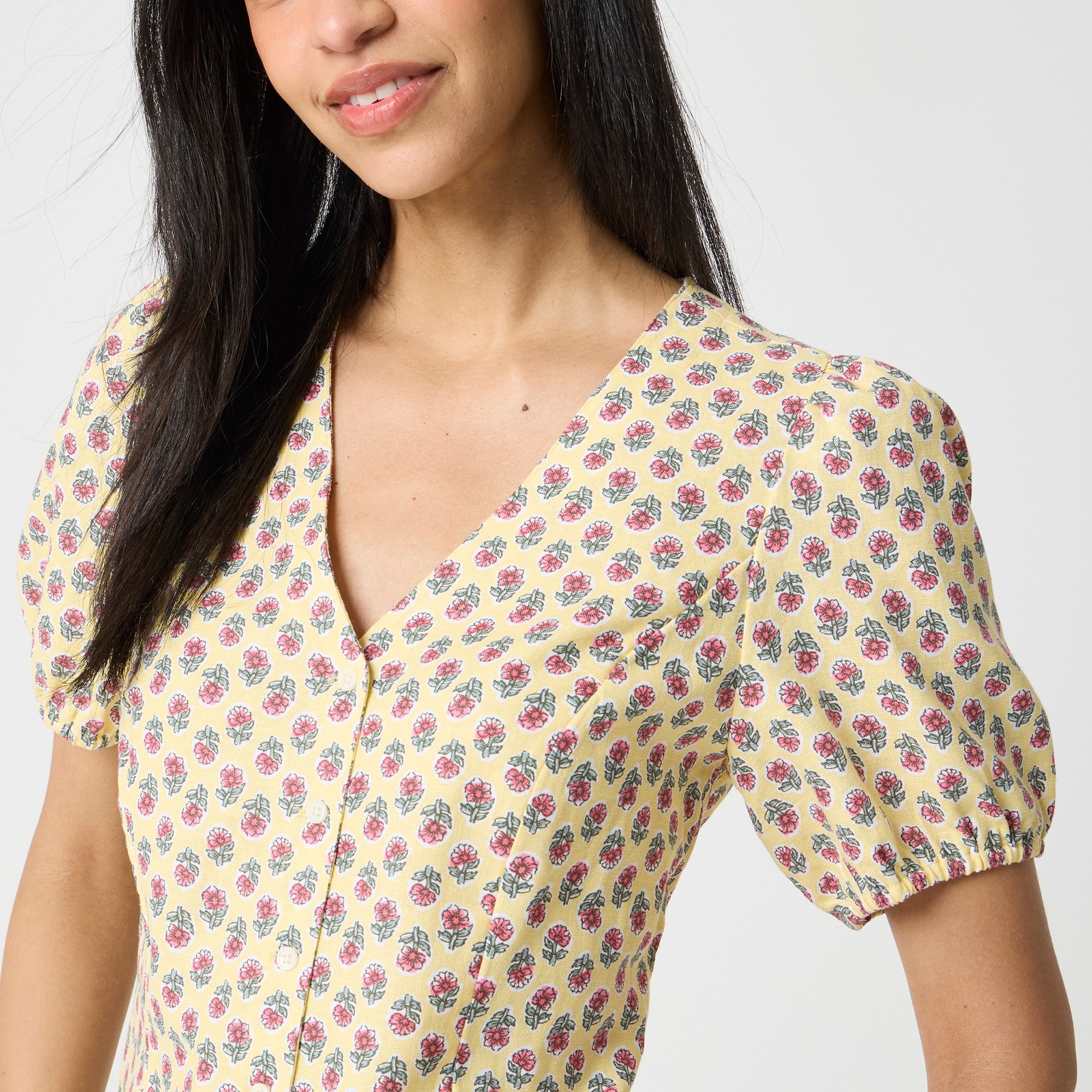 Block-print linen-blend button-up top