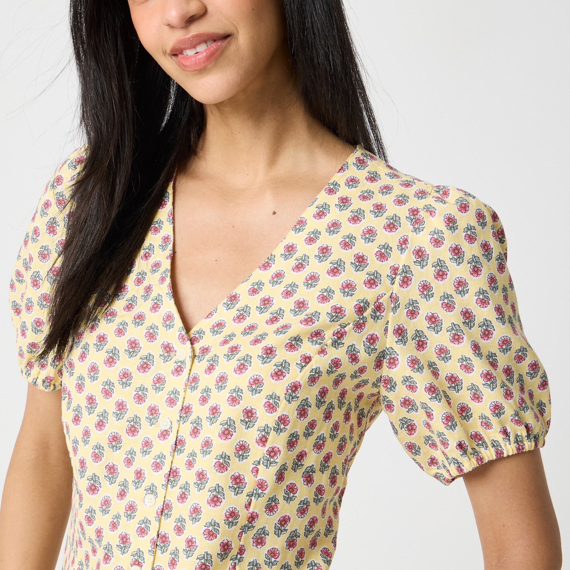 Block-print linen-blend button-up top