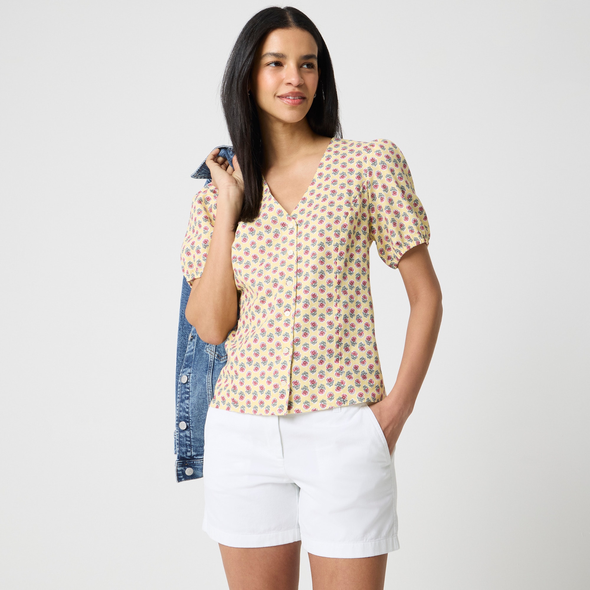 Block-print linen-blend button-up top
