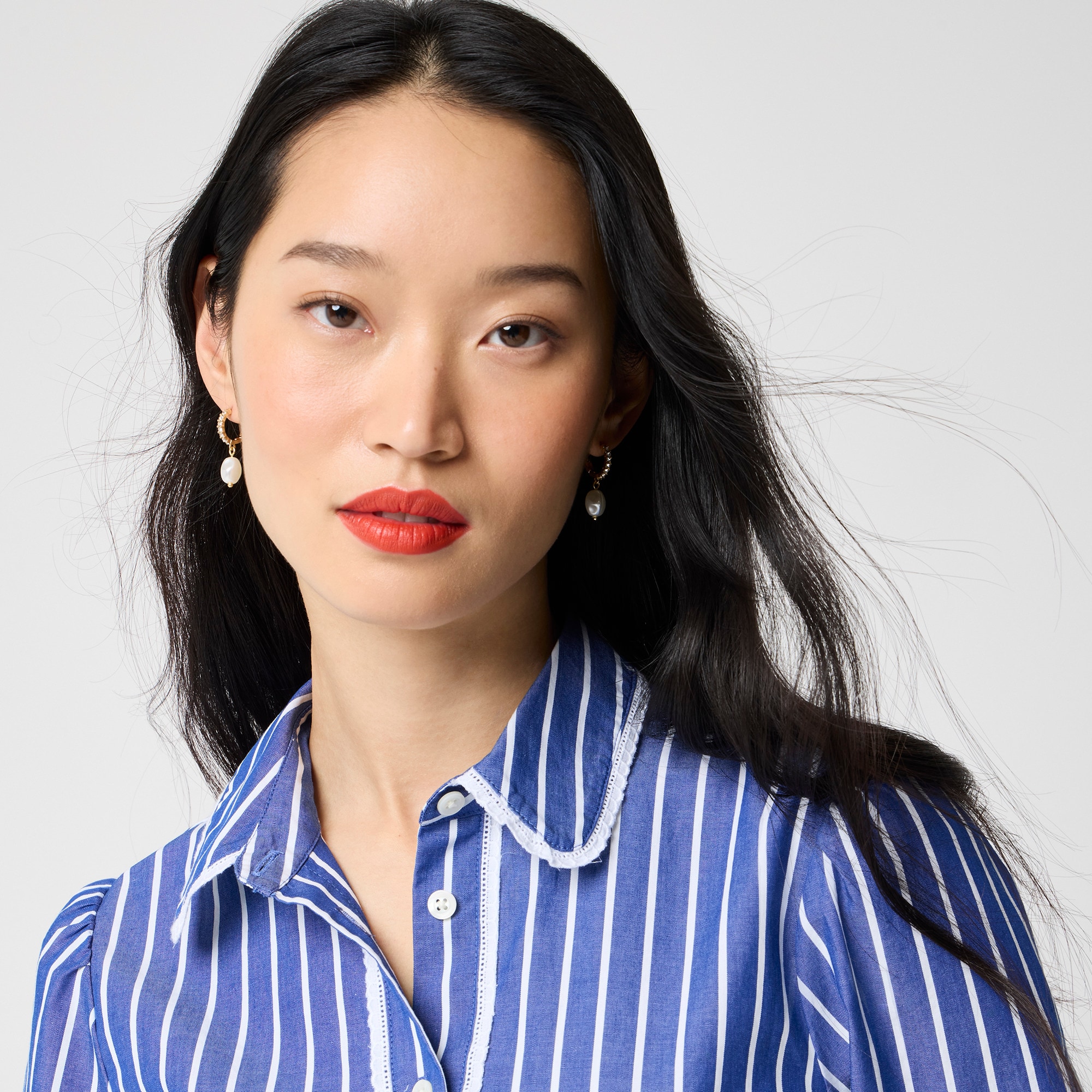 Striped lace-trim button-up shirt