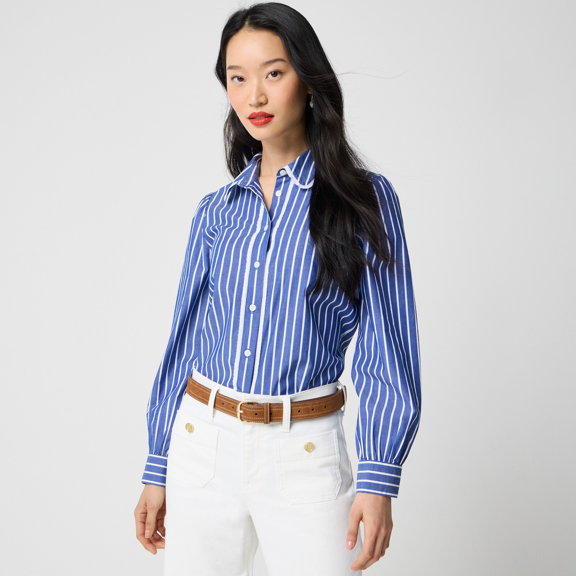 Striped lace-trim button-up shirt