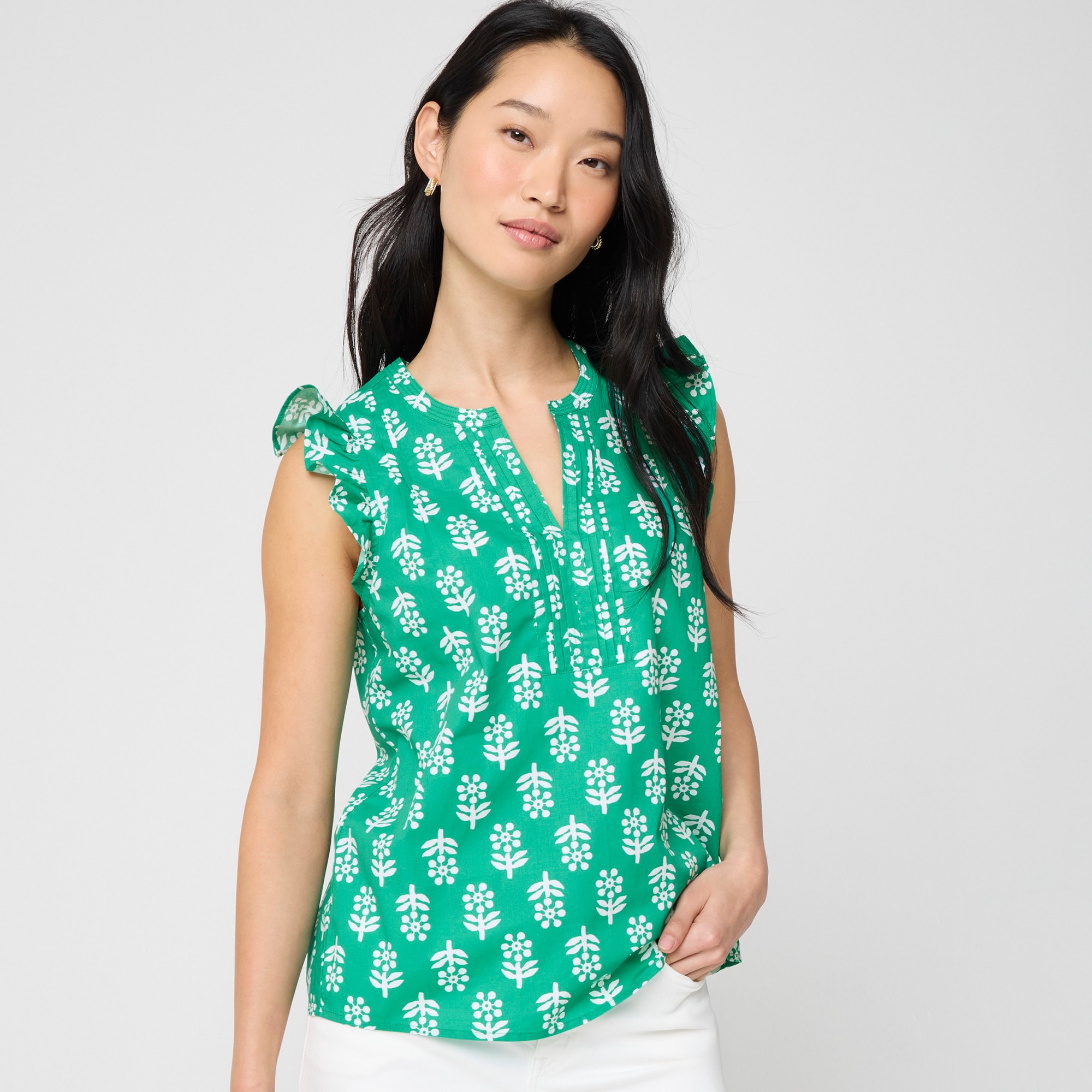 Flutter-sleeve Block-print Top For Women | Factory