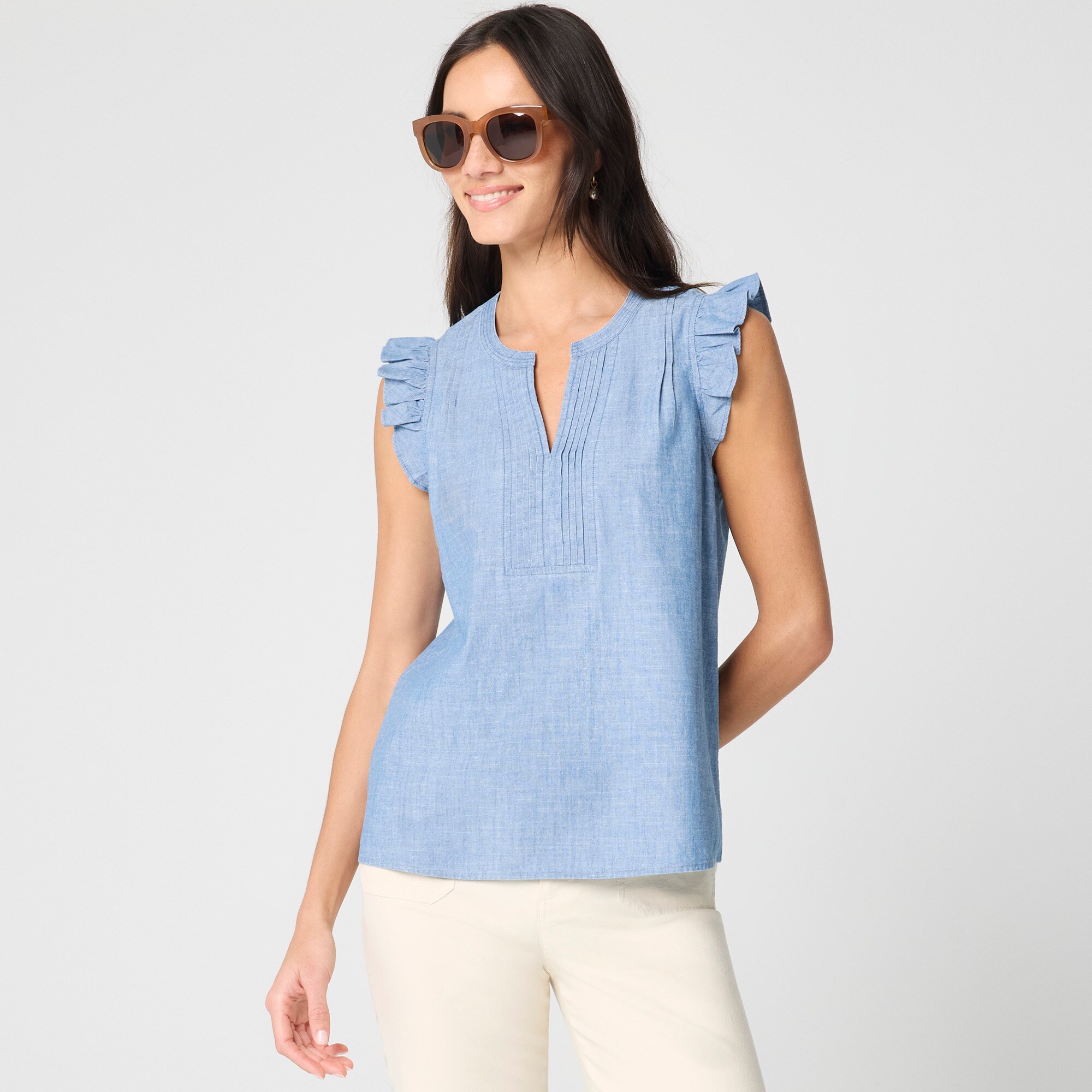  Chambray flutter-sleeve top