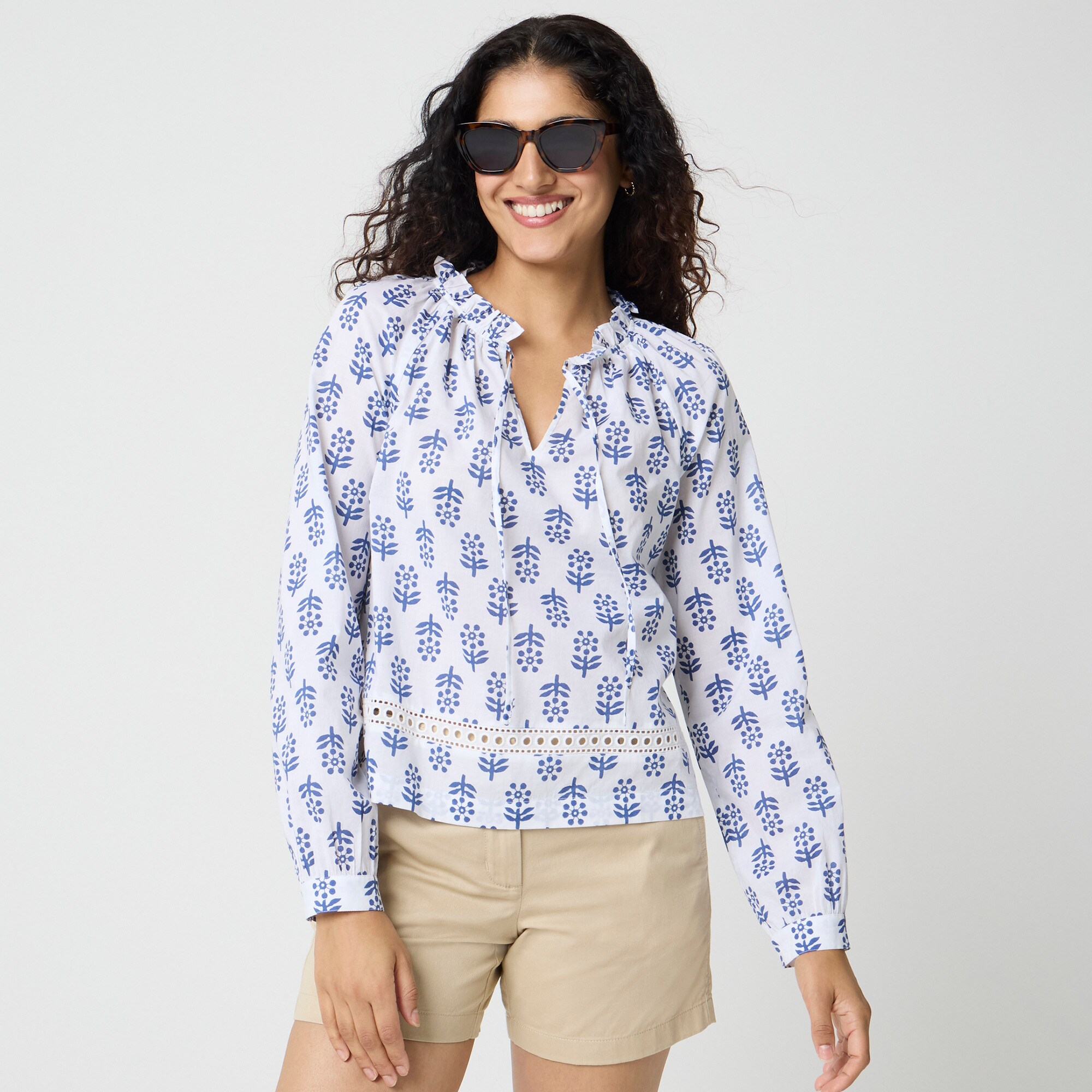 Long-sleeve tie-neck top