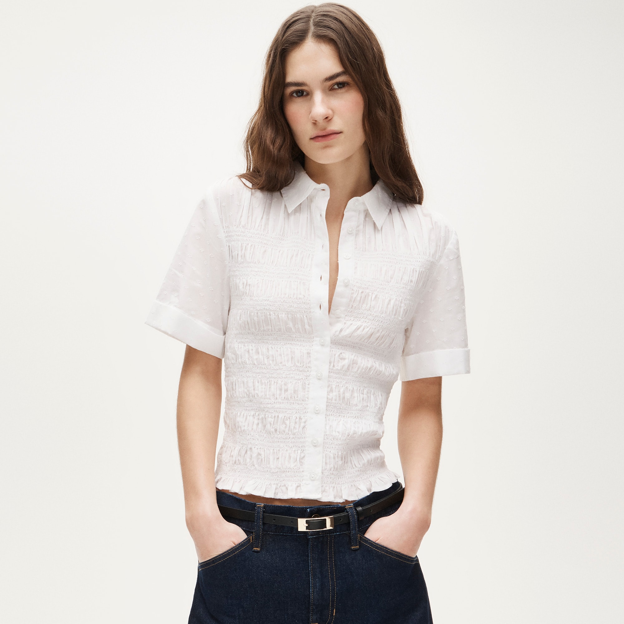womens Smocked button-up short-sleeve shirt