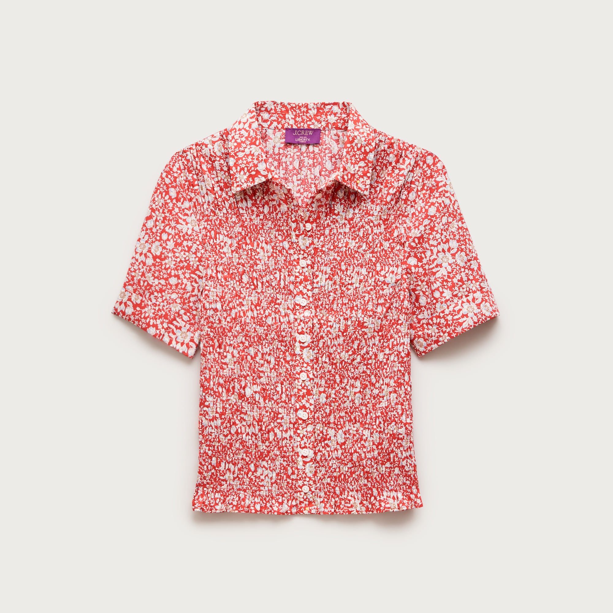 Smocked button-up short-sleeve shirt in floral print