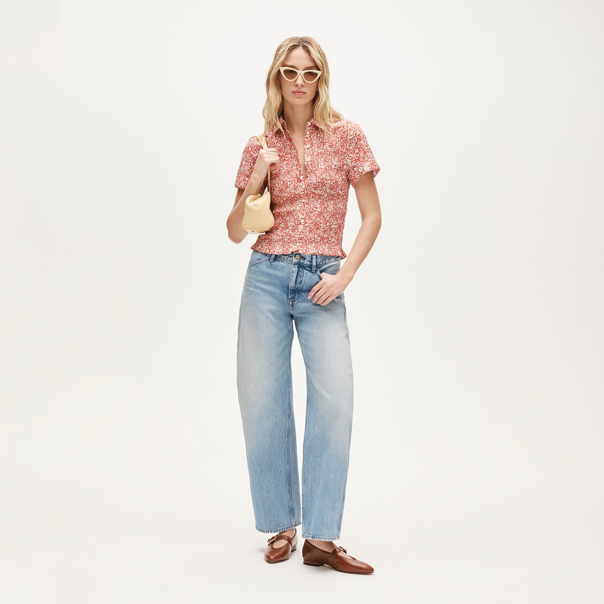 Smocked button-up short-sleeve shirt in floral print