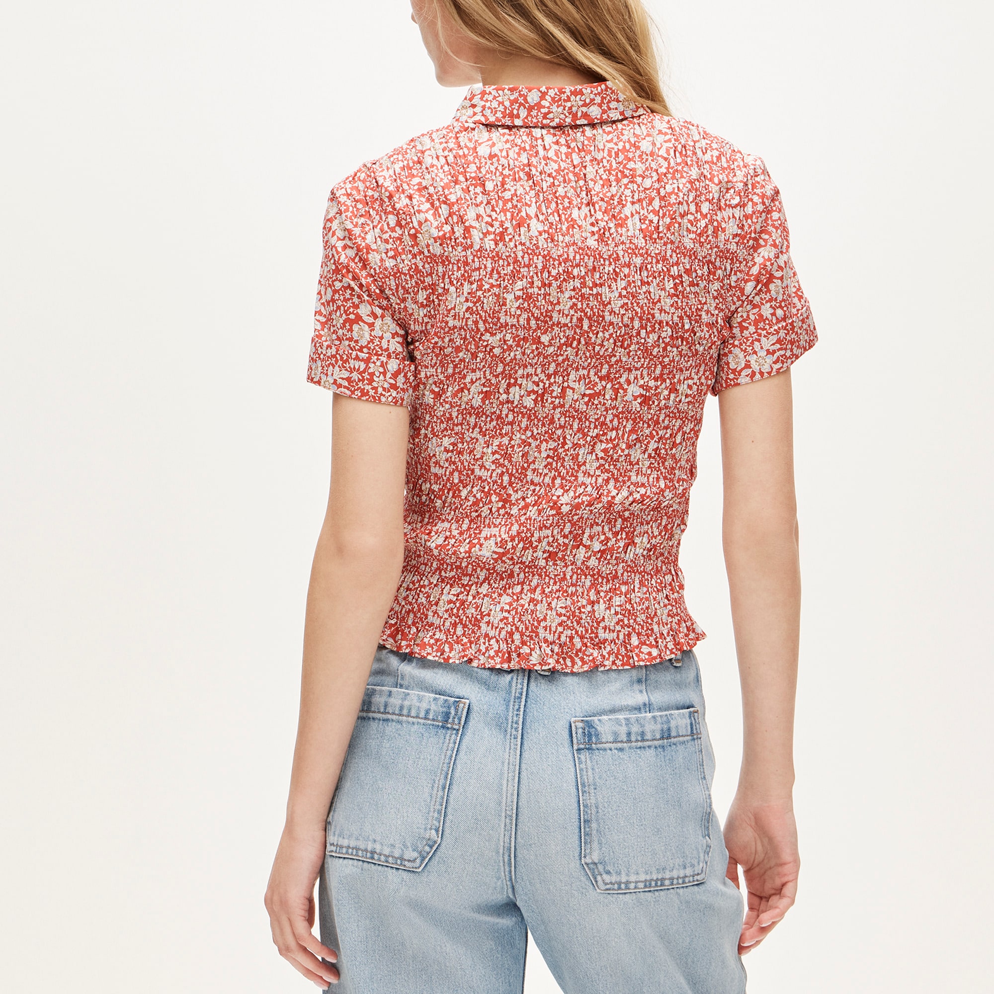 Smocked button-up short-sleeve shirt in floral print